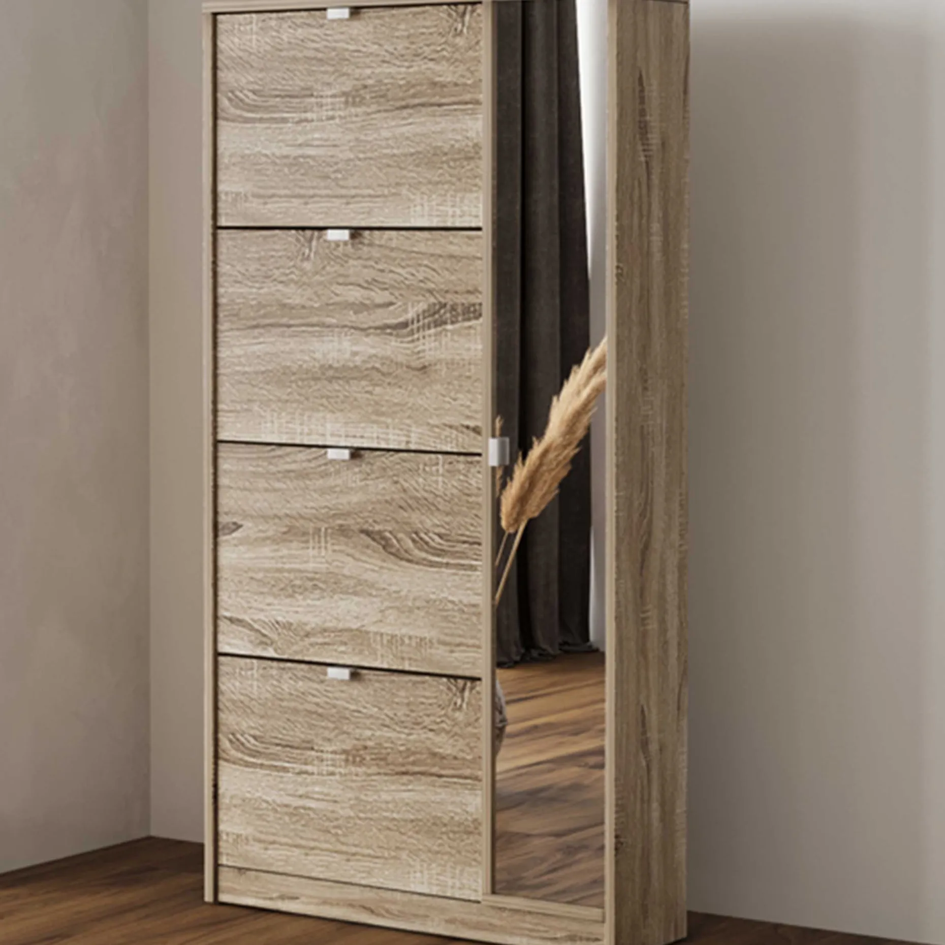 Schuhschrank Marcel - 85x24x159cm - mit Spiegel - Eiche Dekor