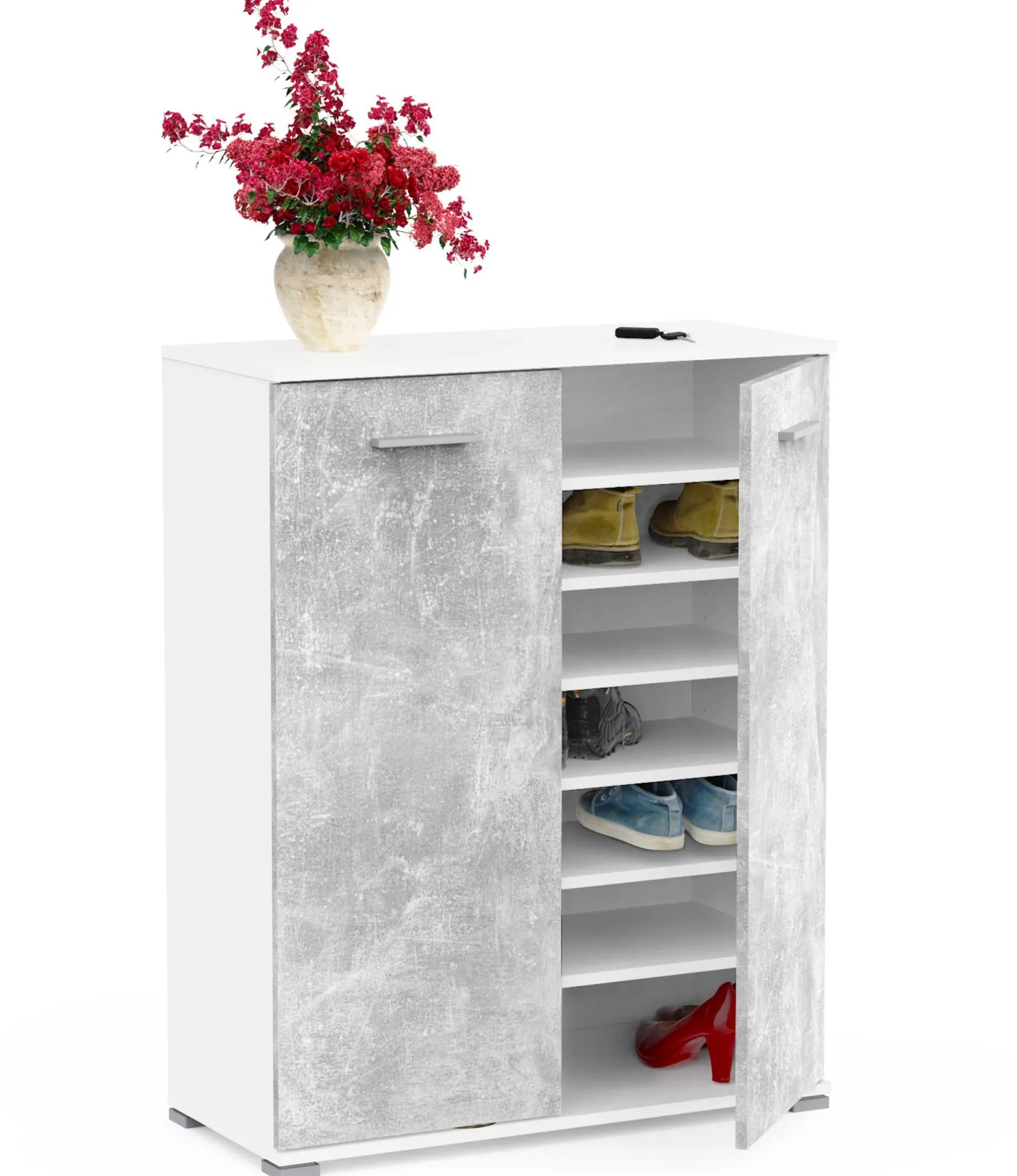 Schuhschrank Ravito - 80x35x102cm - 2 Türen - Betonoptik/Weiß