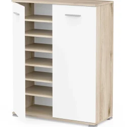 Schuhschrank Ravito - 80x35x102cm - 2 Türen - weiß/Eiche Dekor