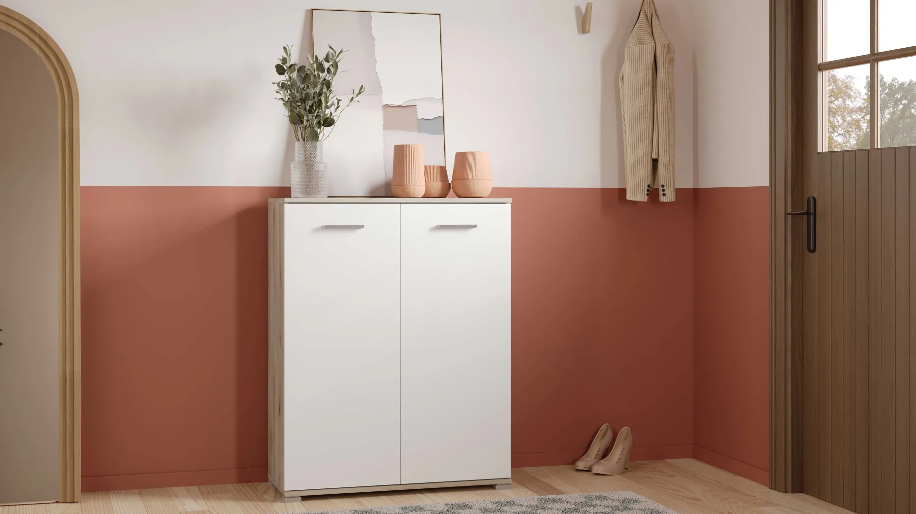Schuhschrank Ravito - 80x35x102cm - 2 Türen - weiß/Eiche Dekor