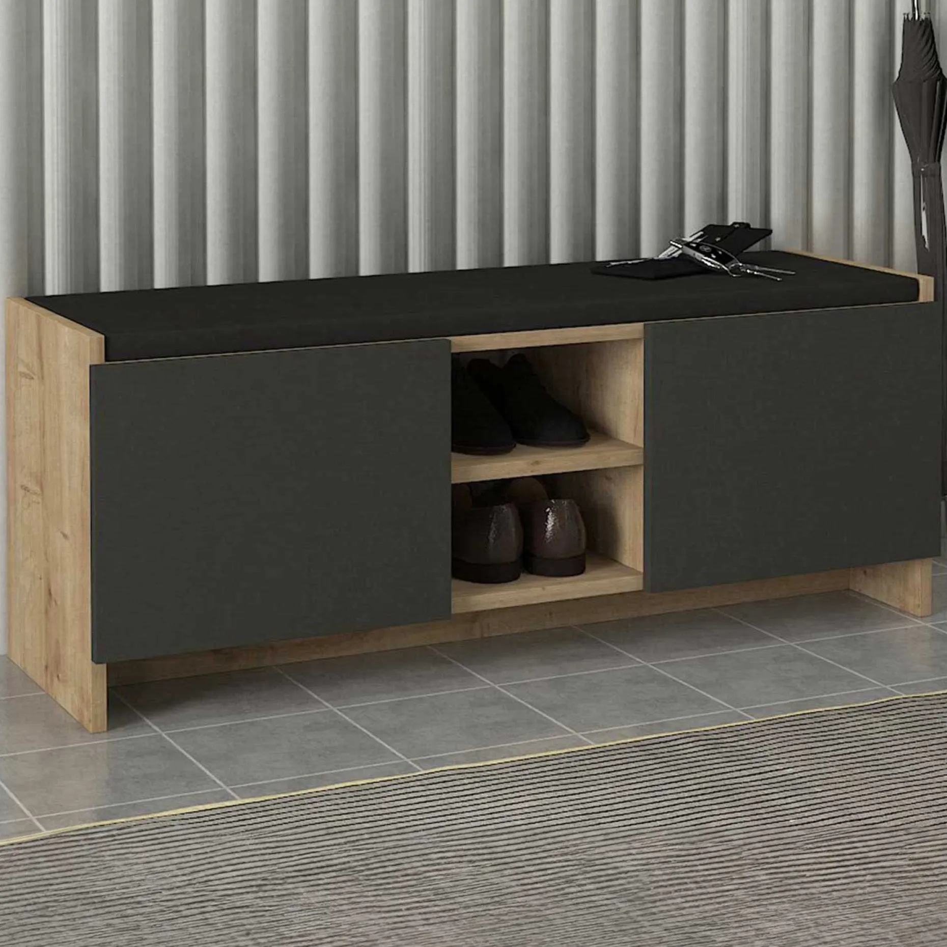 Schuhschrank Verly - 110x33x43cm - 2 Türen - Eiche Dekor/anthrazit