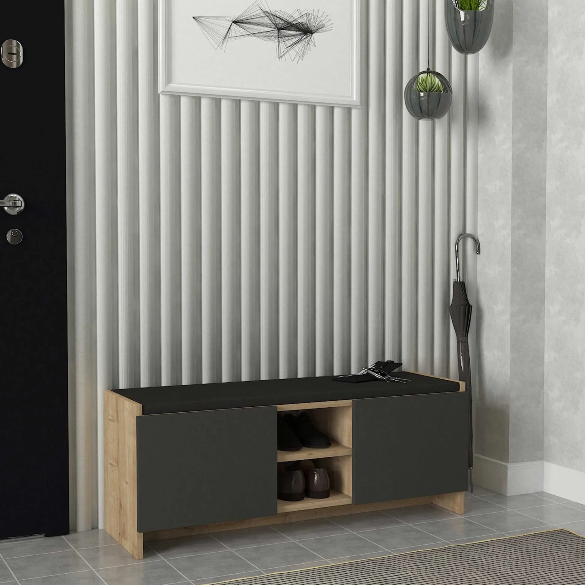 Schuhschrank Verly - 110x33x43cm - 2 Türen - Eiche Dekor/anthrazit
