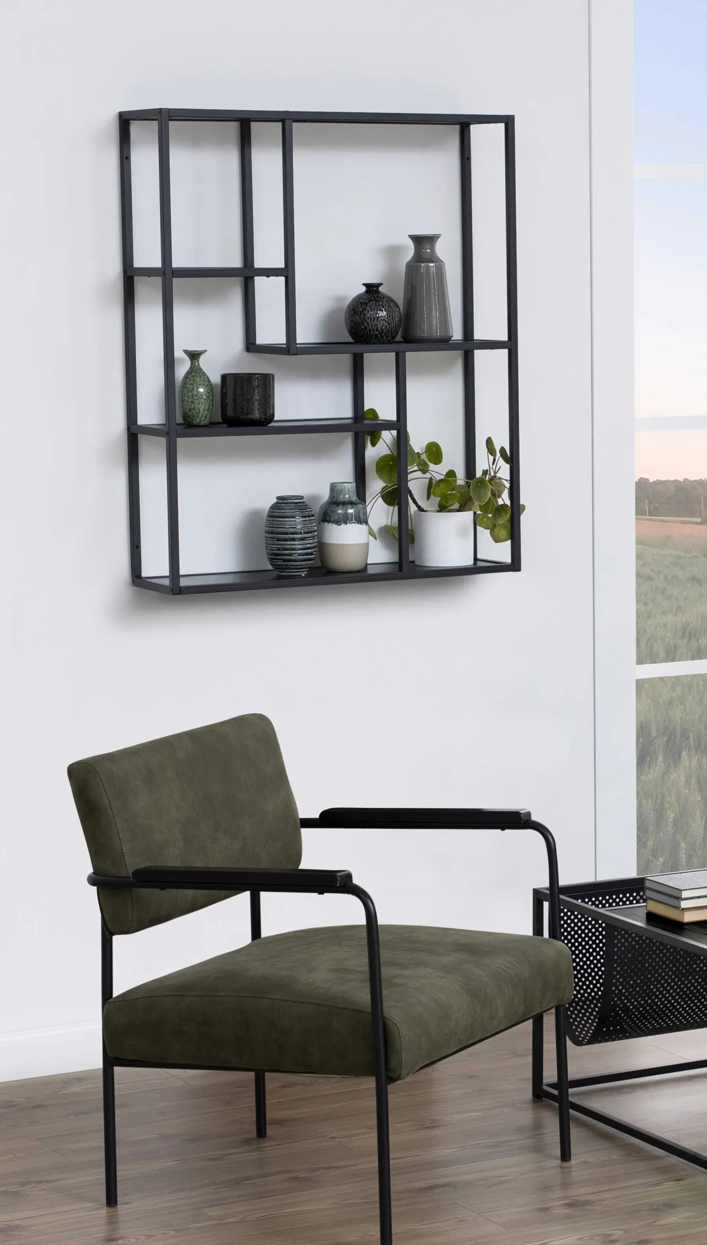 Seaford Rechteckiges Wandregal - Schwarzer Stahlrahmen, Melaminharzböden in Esche - 75x20x91 cm".