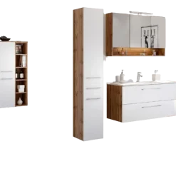 Held SefaBadezimmer : Spiegelschrank, Waschbeckenschrank, 2x Säulenschrank, Regal - Eiche/Weiß