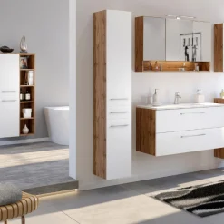 Held SefaBadezimmer : Spiegelschrank, Waschbeckenschrank, 2x Säulenschrank, Regal - Eiche/Weiß