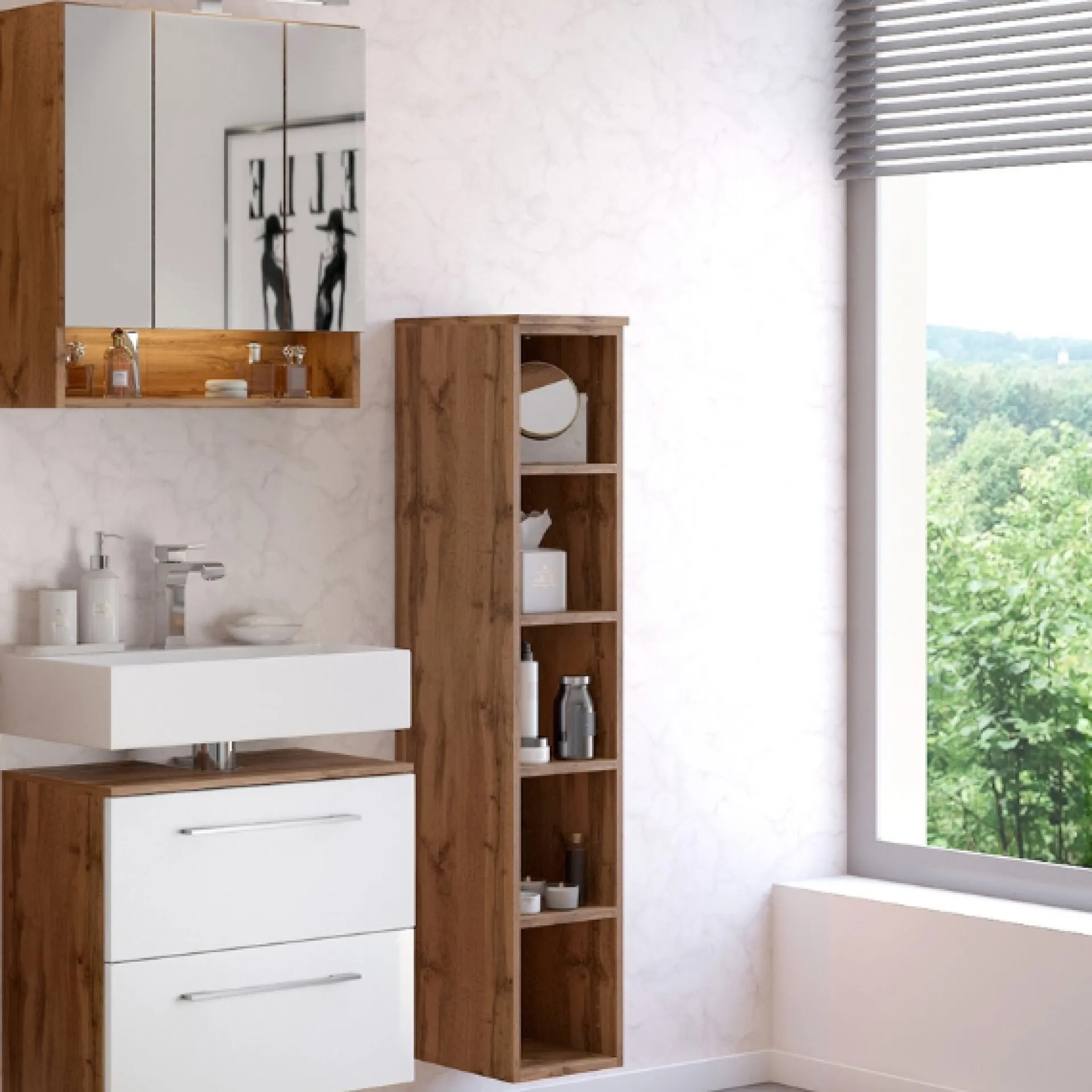 Held SefaBadezimmer : Spiegelschrank, Waschtischunterschrank, Regal - Eiche/Weiß