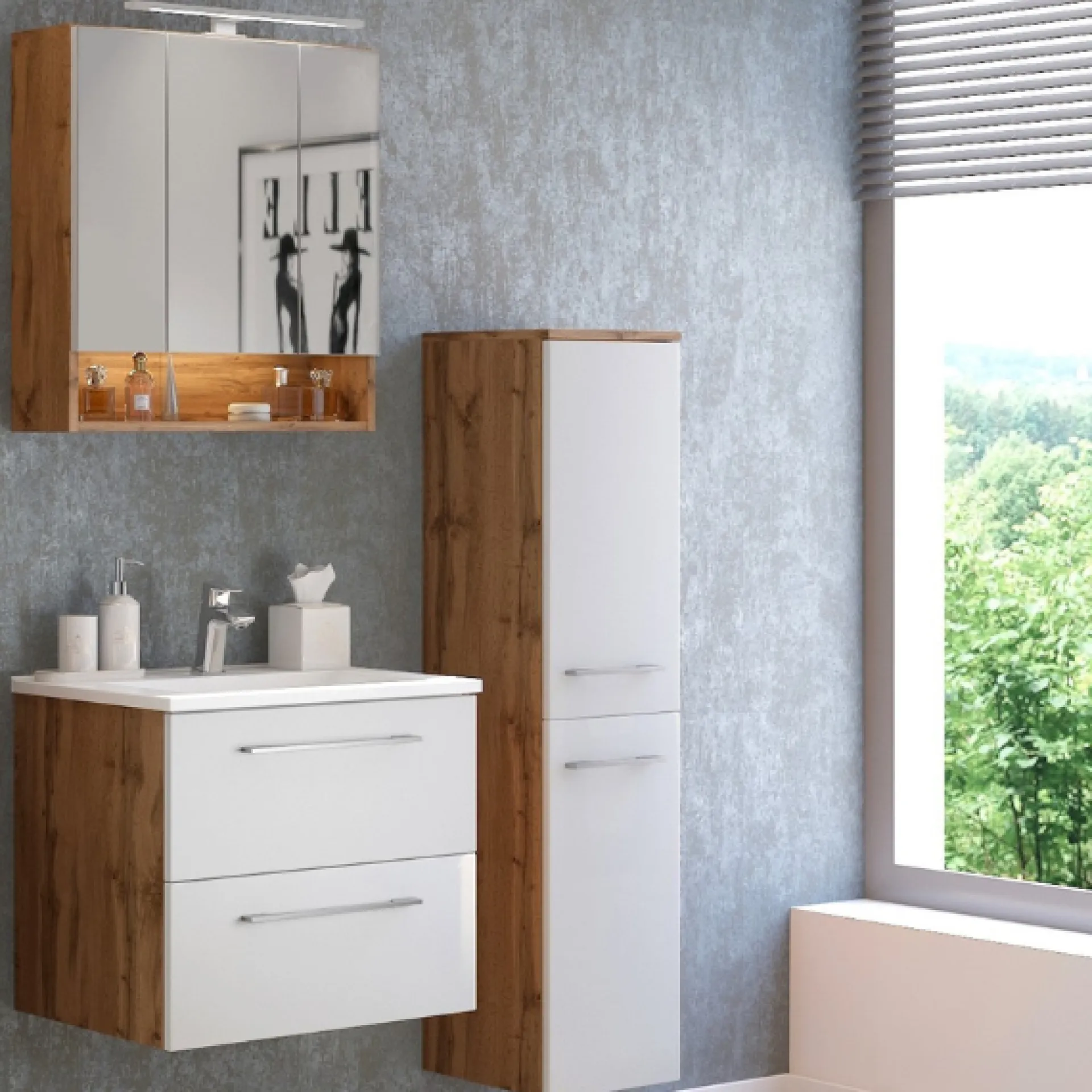 Held SefaBadezimmer : Spiegelschrank, Waschtischschrank, Säulenschrank - Eiche/Weiß