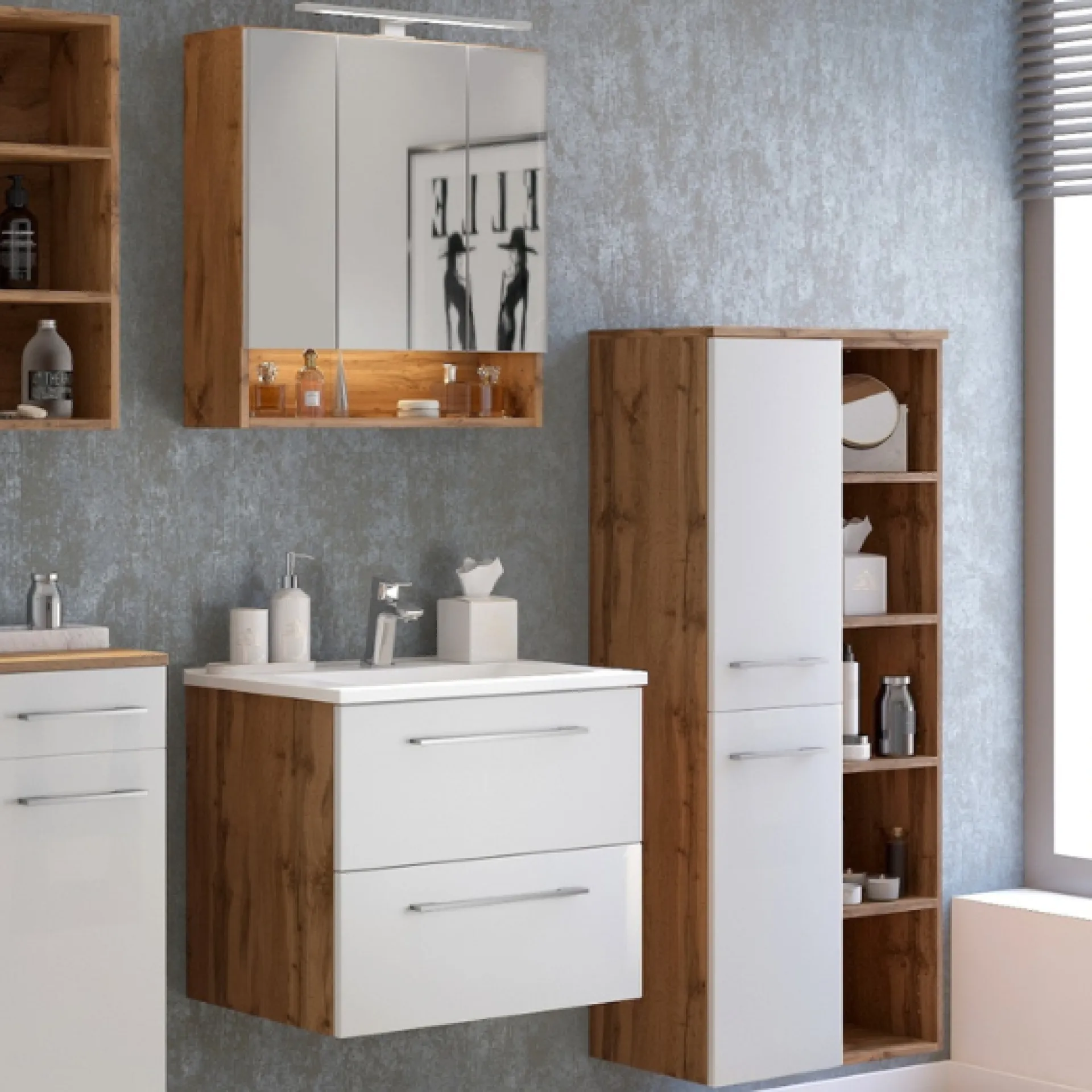 Held SefaBadezimmer : Spiegelschrank, Waschtischschrank, Säulenschrank, Regal - Eiche/Weiß