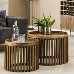 Emob Set aus 2 runden Couchtischen Goma mit Ablage - Mangoholz