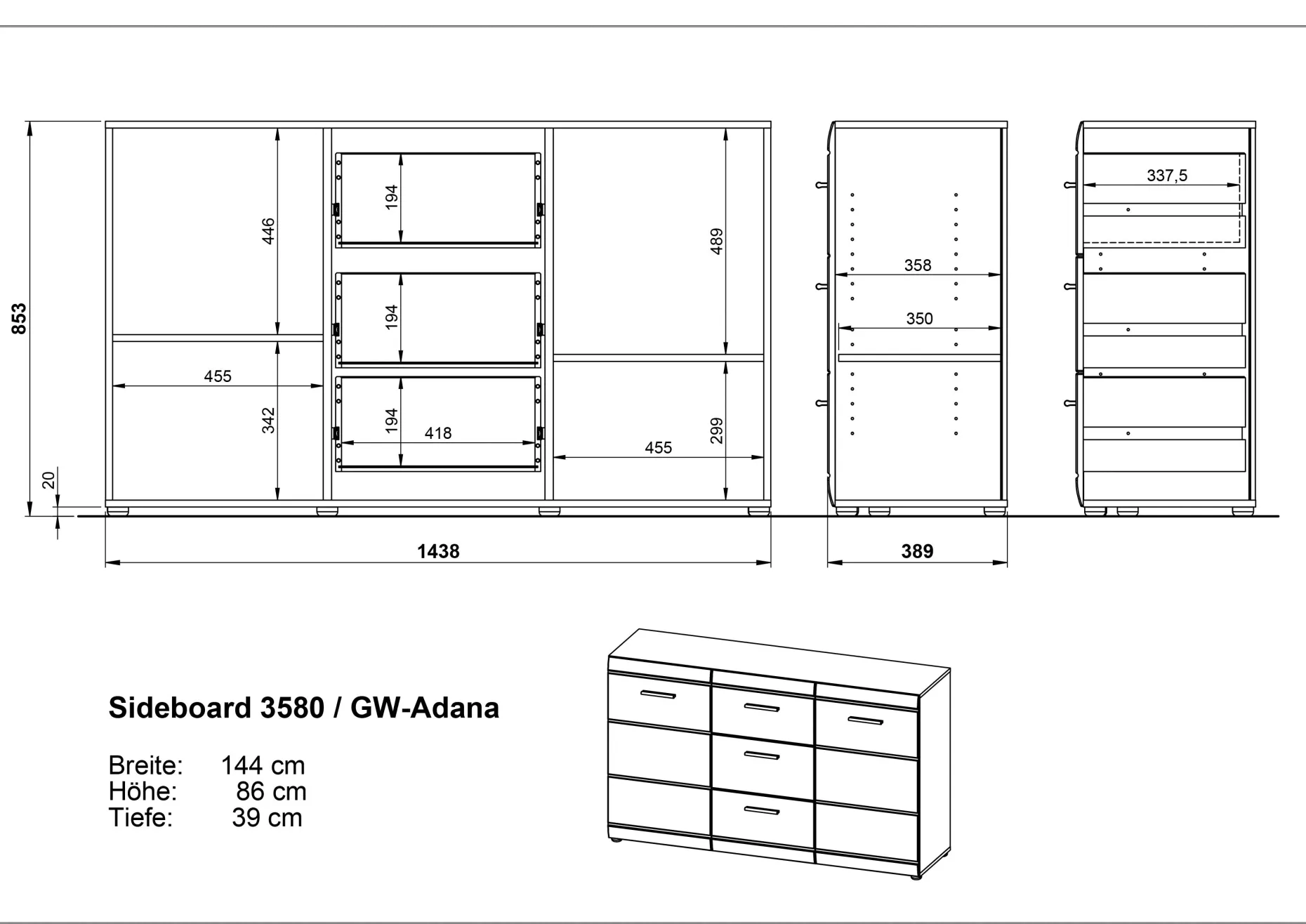 Sideboard Allan 144cm mit 2 Türen und 3 Schubladen - weiß