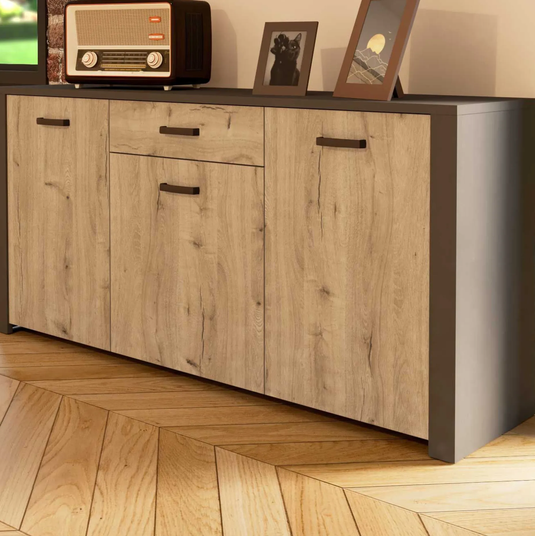 Sideboard Aubrey - 175x42x82cm - 3 Türen und 1 Schublade - Eiche Dekor/schwarz