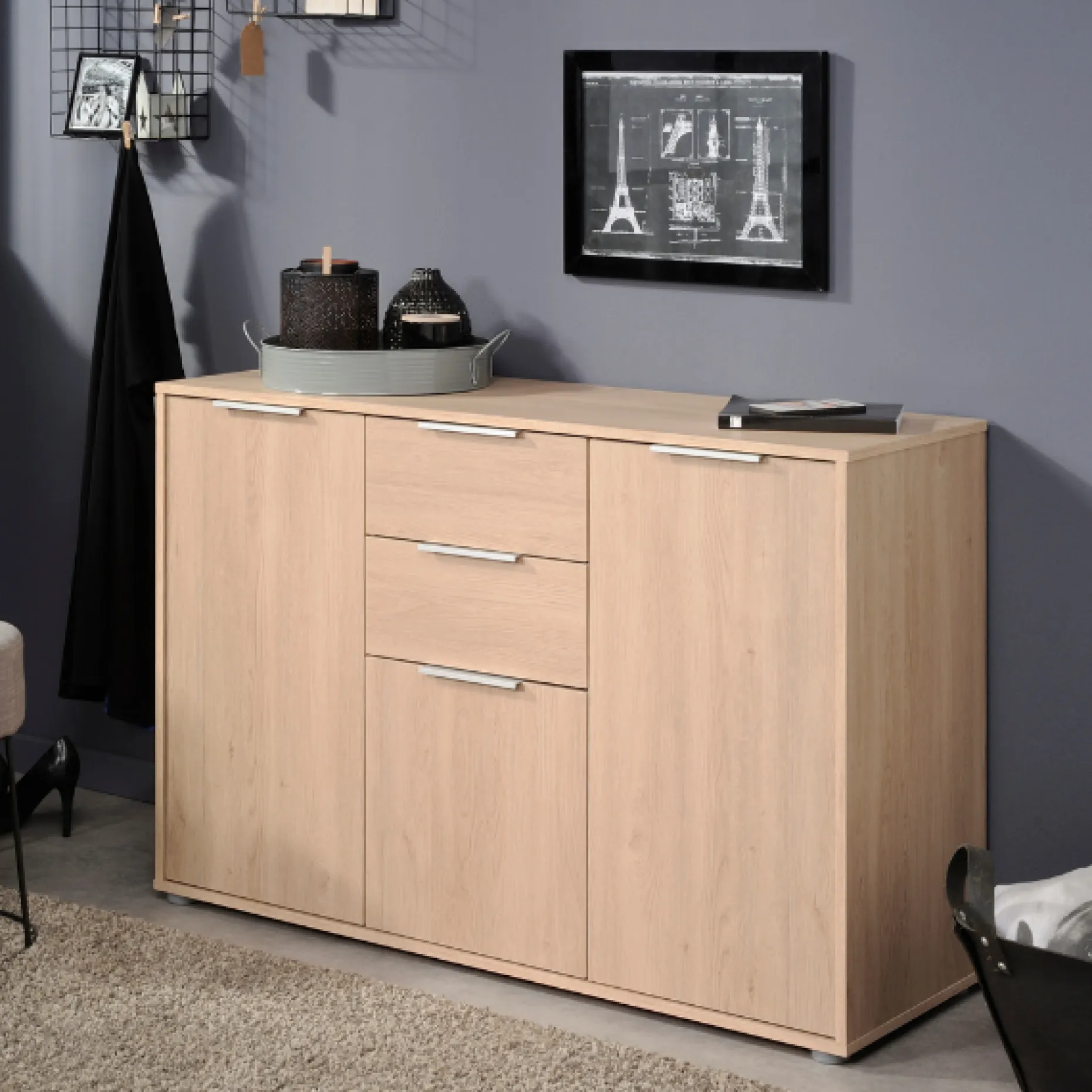Sideboard Axel 120cm 3 Türen 2 Schubladen - Eiche