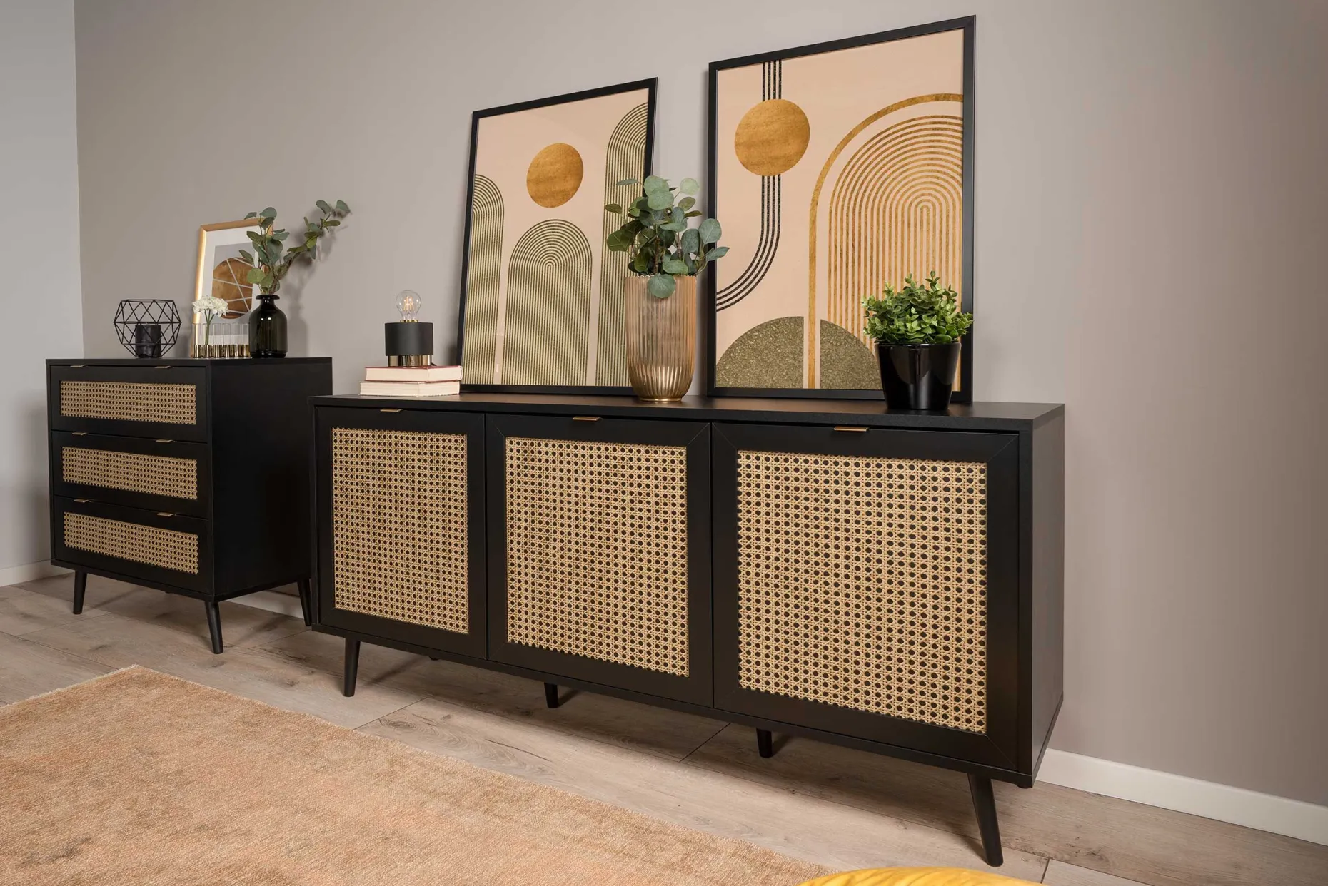 Sideboard Daka 150cm 3 Türen - schwarz/beige