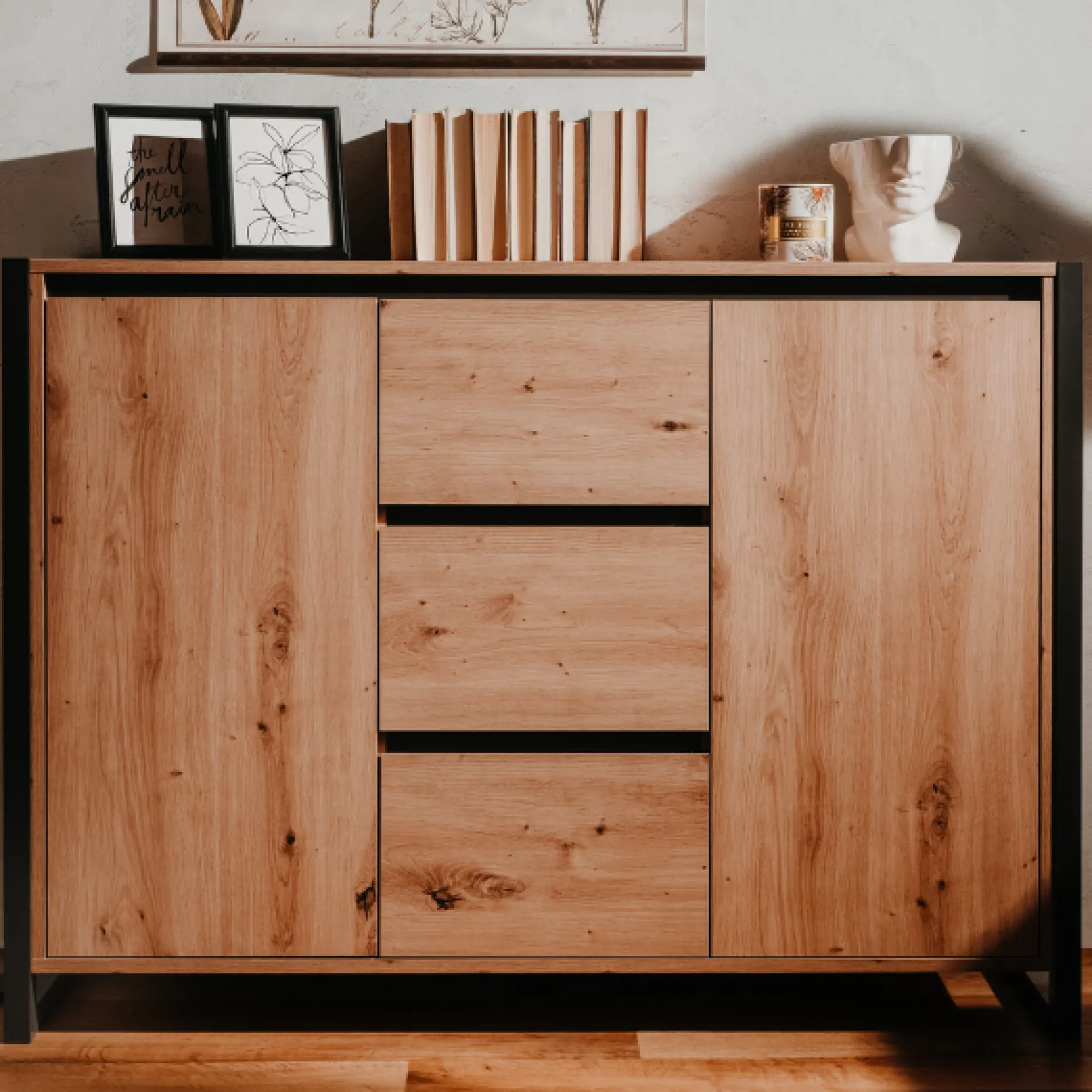 Sideboard Damon 120cm mit 2 Türen und 3 Schubladen - Eiche Dekor/anthrazit