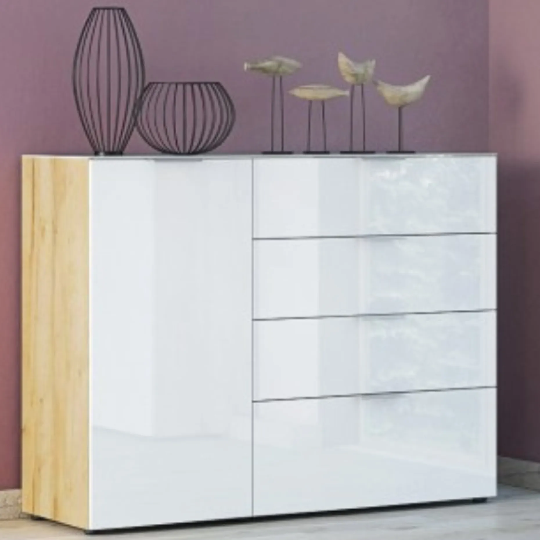 Sideboard Dudek 134cm mit 4 Schubladen und 1 Tür - weiß/Eiche