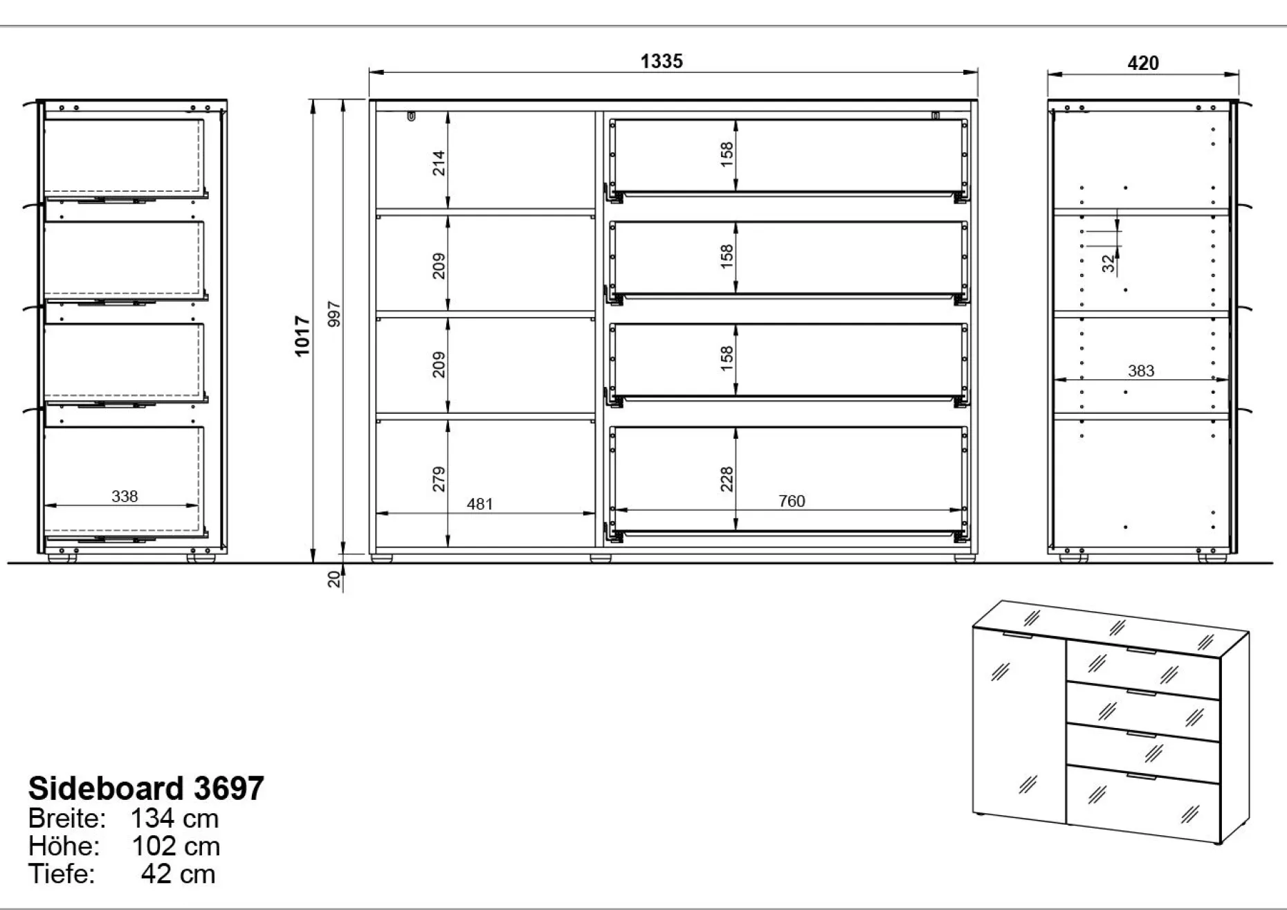Sideboard Dudek 134cm mit 4 Schubladen und 1 Tür - weiß