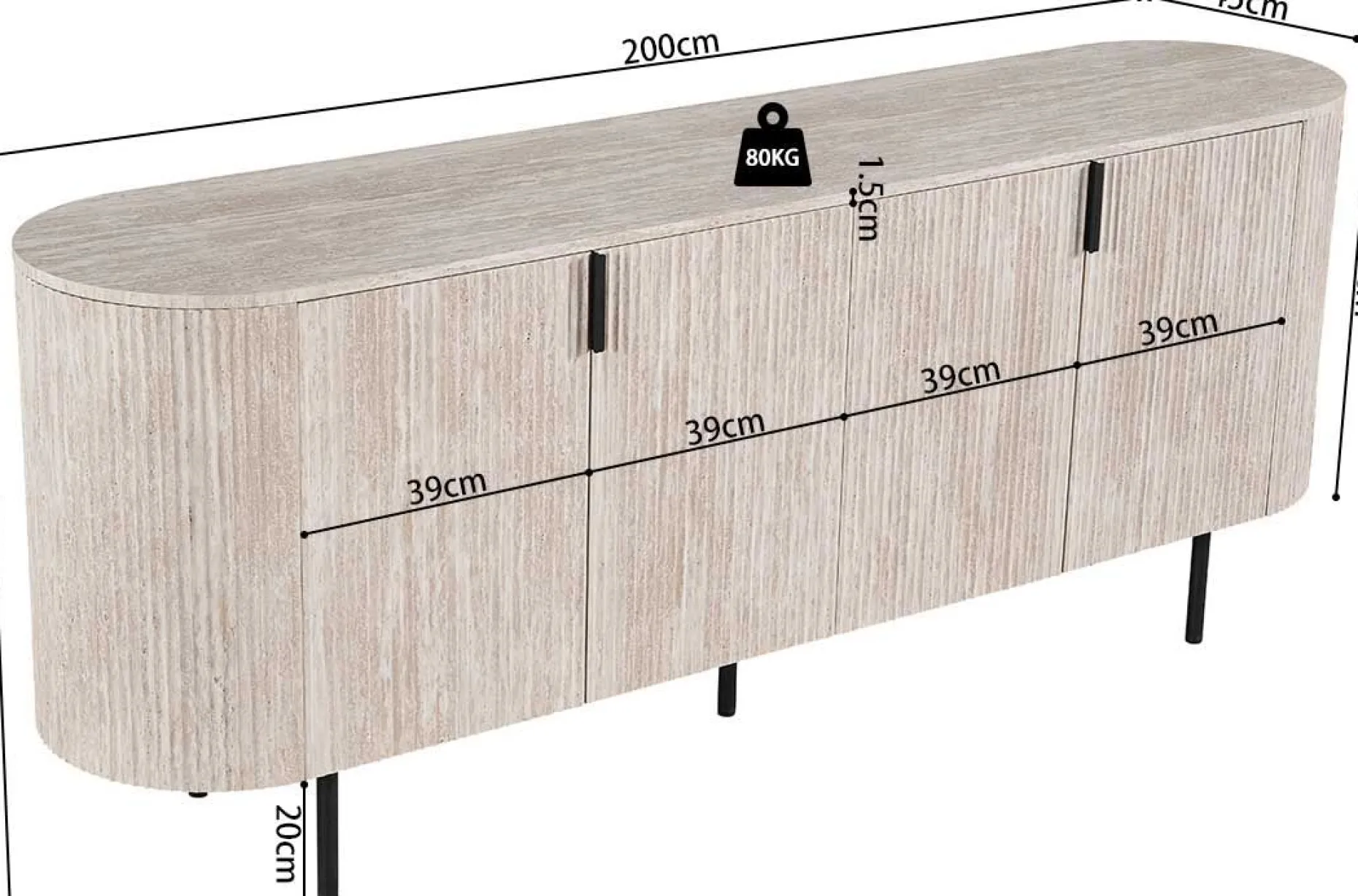Sideboard Lagos - 200x45x80cm - 4 Türen - Travertin