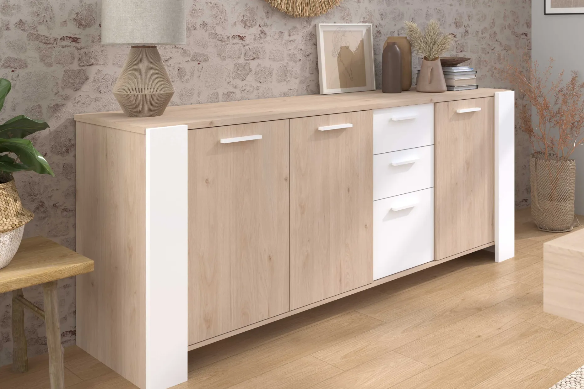Sideboard London | 219,8 x 52 x 86,5 cm | Eiche/weiß