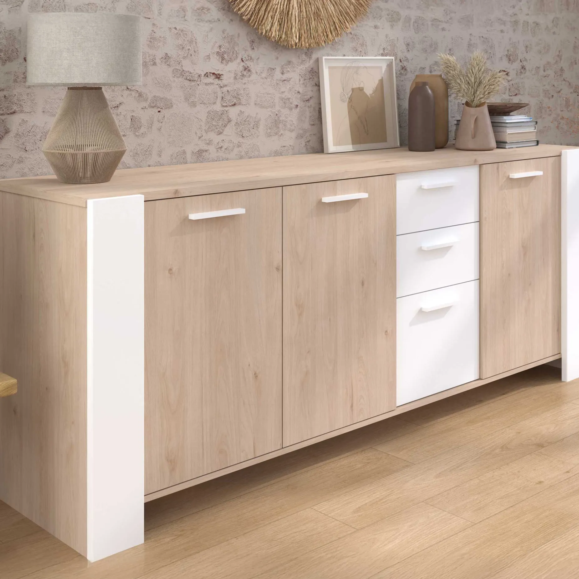 Sideboard London | 219,8 x 52 x 86,5 cm | Eiche/weiß
