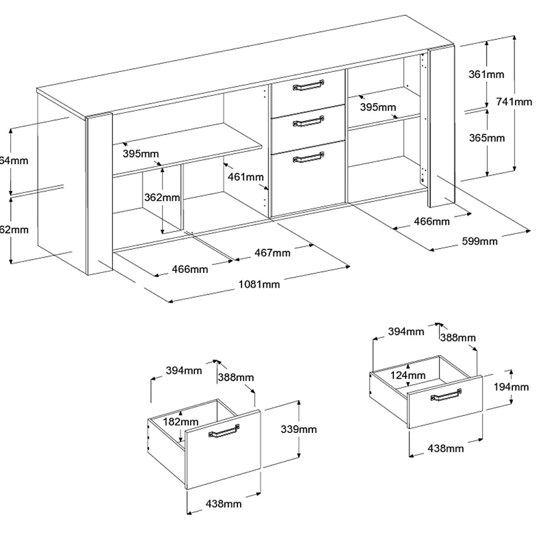 Sideboard London | 219,8 x 52 x 86,5 cm | Eiche/weiß