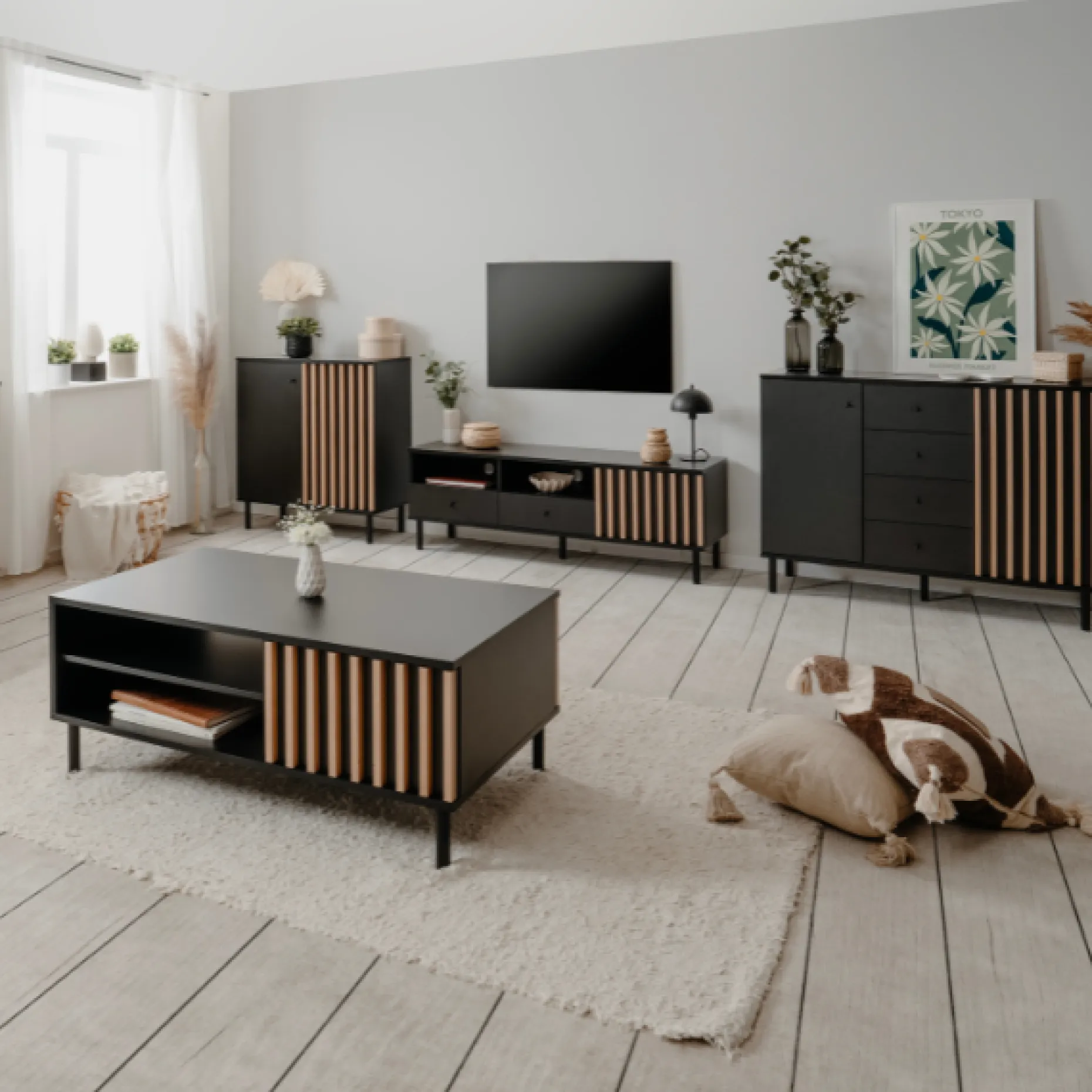Sideboard Manet - 118x40x90cm - 2 Türen und 4 Schubladen - Schwarz/Eiche Dekor