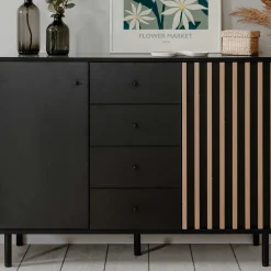 Sideboard Manet - 118x40x90cm - 2 Türen und 4 Schubladen - Schwarz/Eiche Dekor