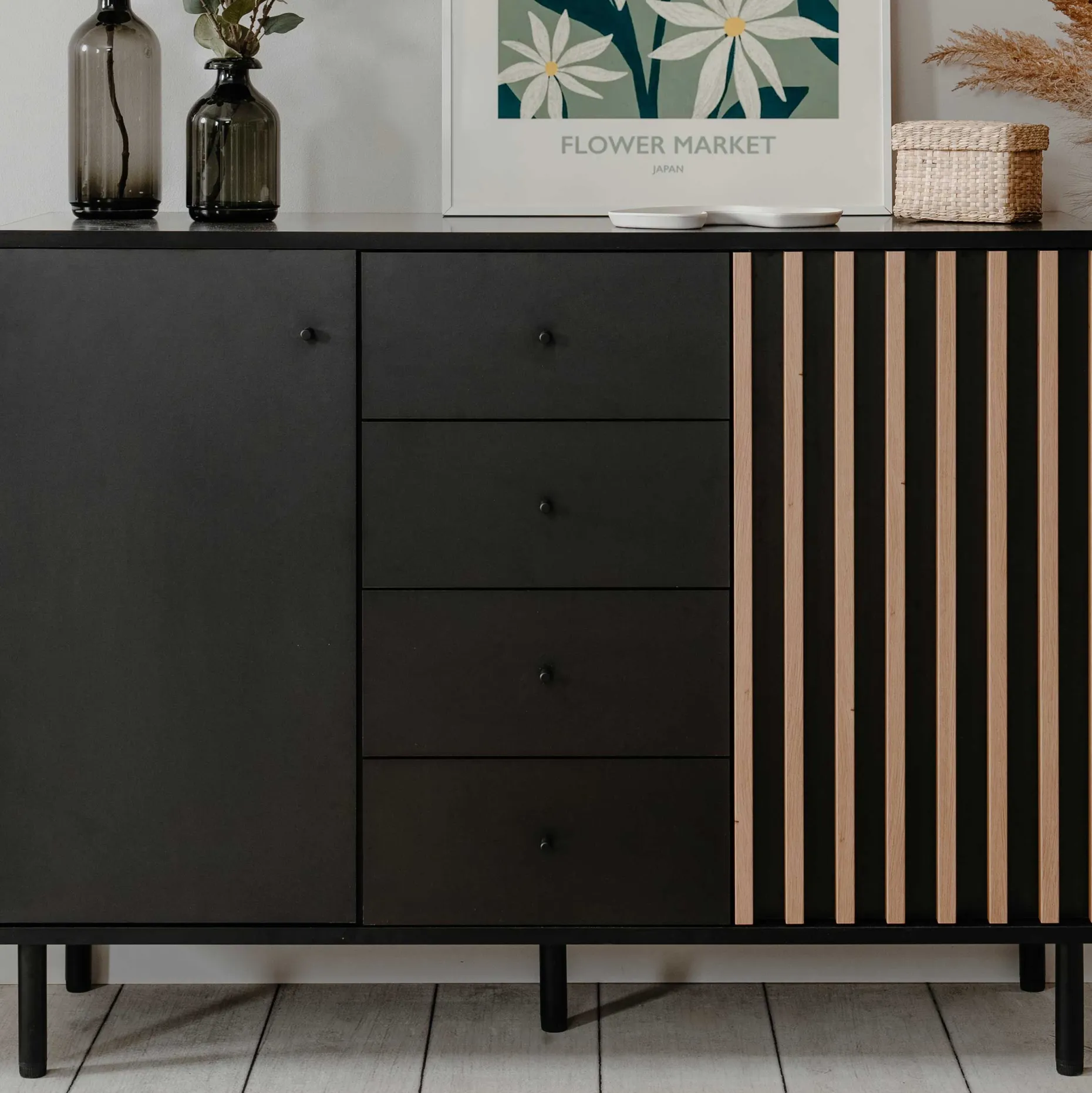 Sideboard Manet - 118x40x90cm - 2 Türen und 4 Schubladen - Schwarz/Eiche Dekor