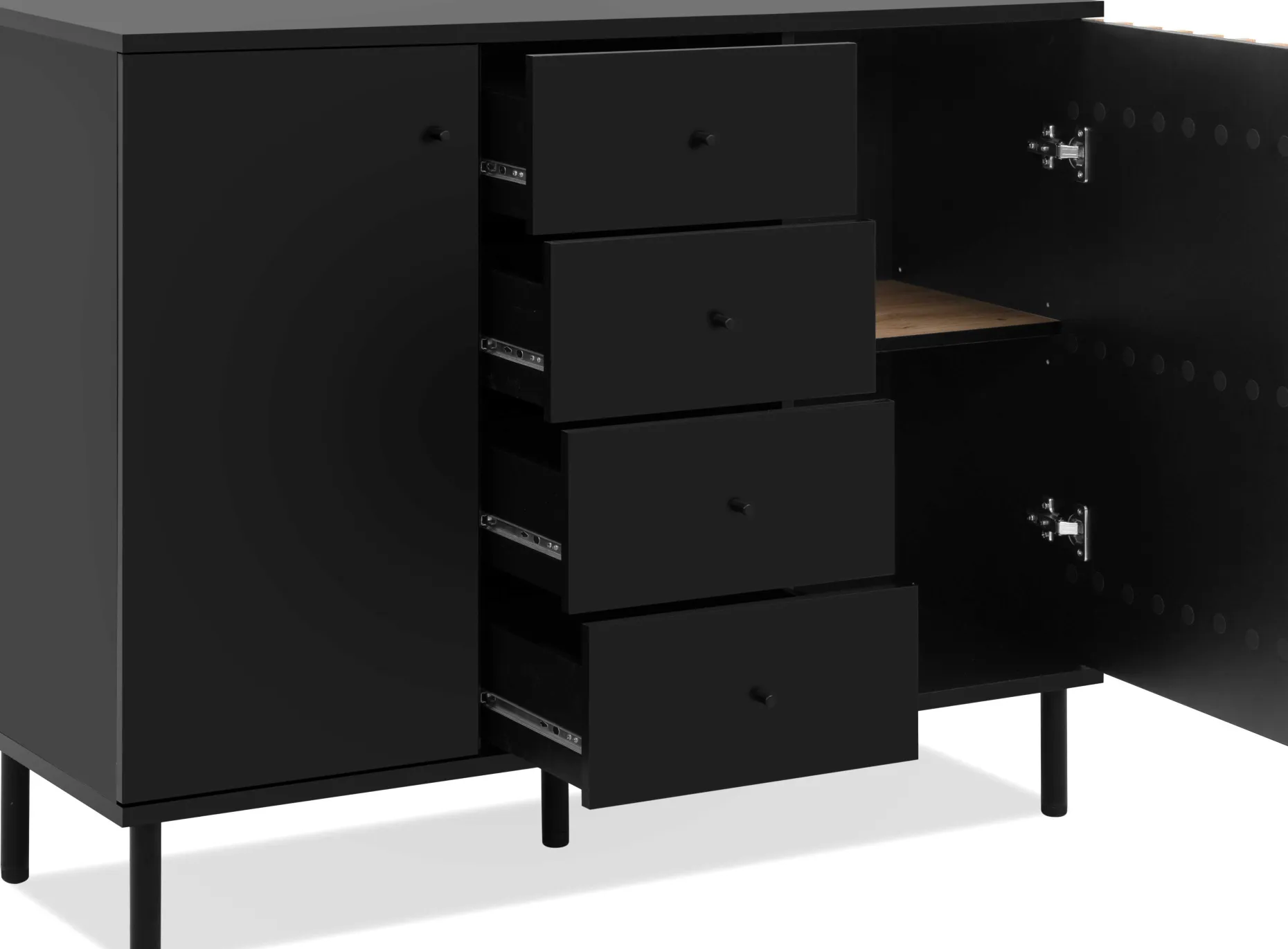 Sideboard Manet - 118x40x90cm - 2 Türen und 4 Schubladen - Schwarz/Eiche Dekor