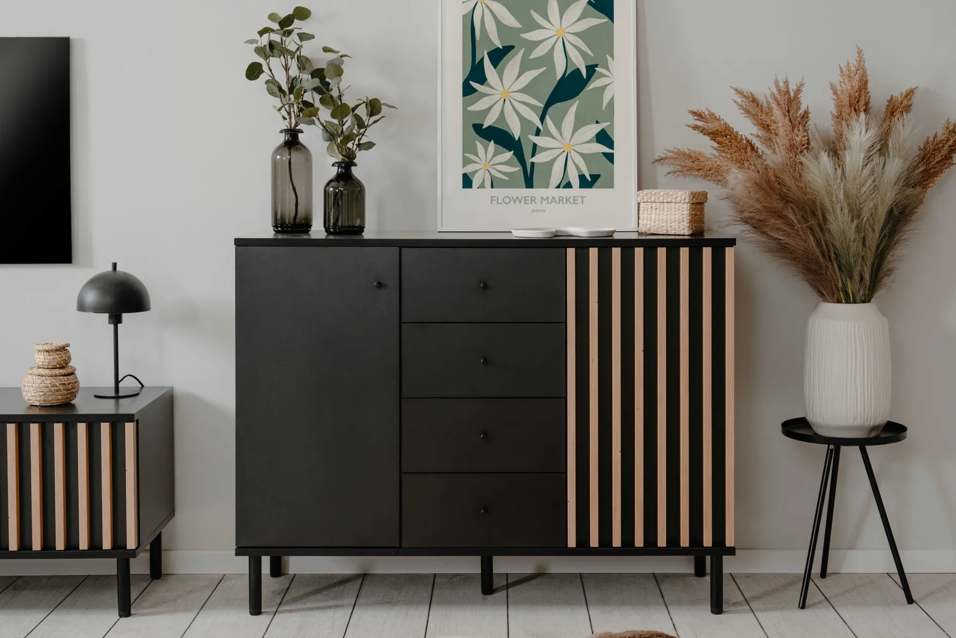 Sideboard Manet - 118x40x90cm - 2 Türen und 4 Schubladen - Schwarz/Eiche Dekor