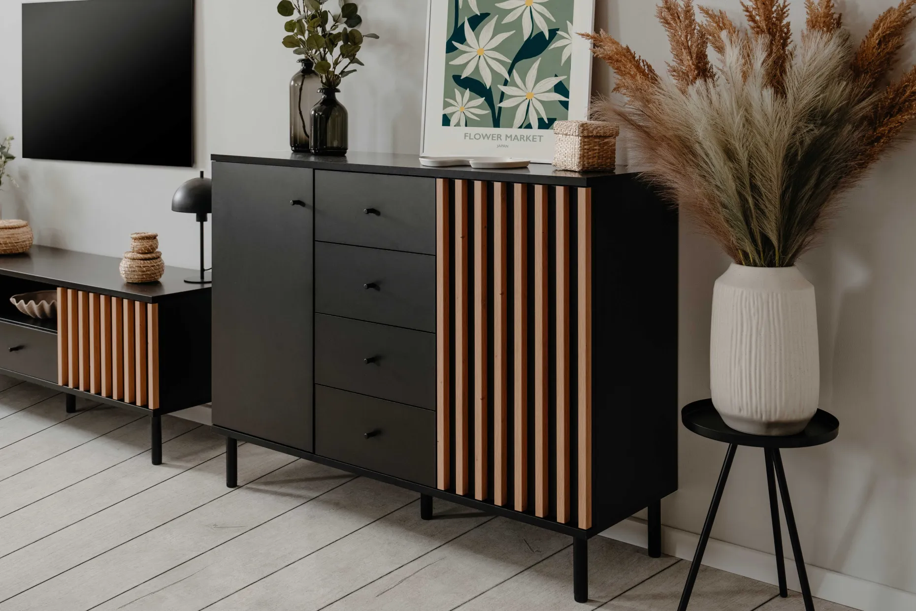 Sideboard Manet - 118x40x90cm - 2 Türen und 4 Schubladen - Schwarz/Eiche Dekor