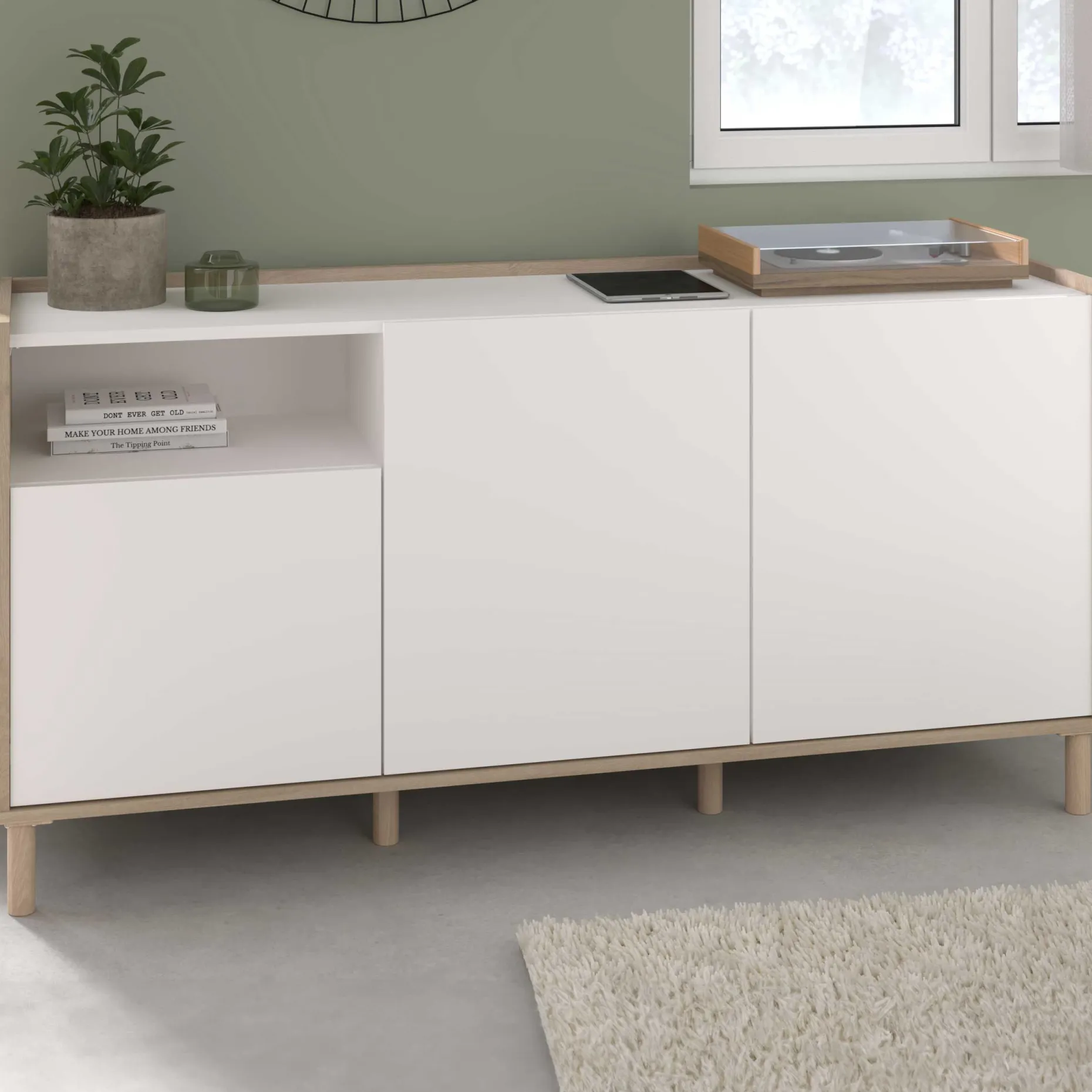 Sideboard Morpheus - 150x40x75cm - 3 Türen - Eiche Dekor/Weiß
