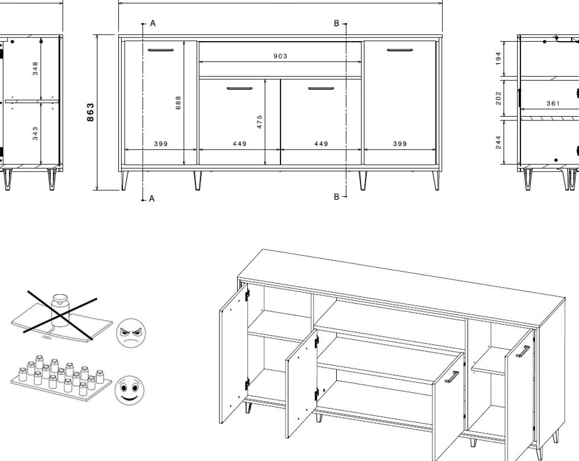 Sideboard Oskar - 180x40x86cm - 4 Türen - mit Beleuchtung - Eiche Dekor/schwarz