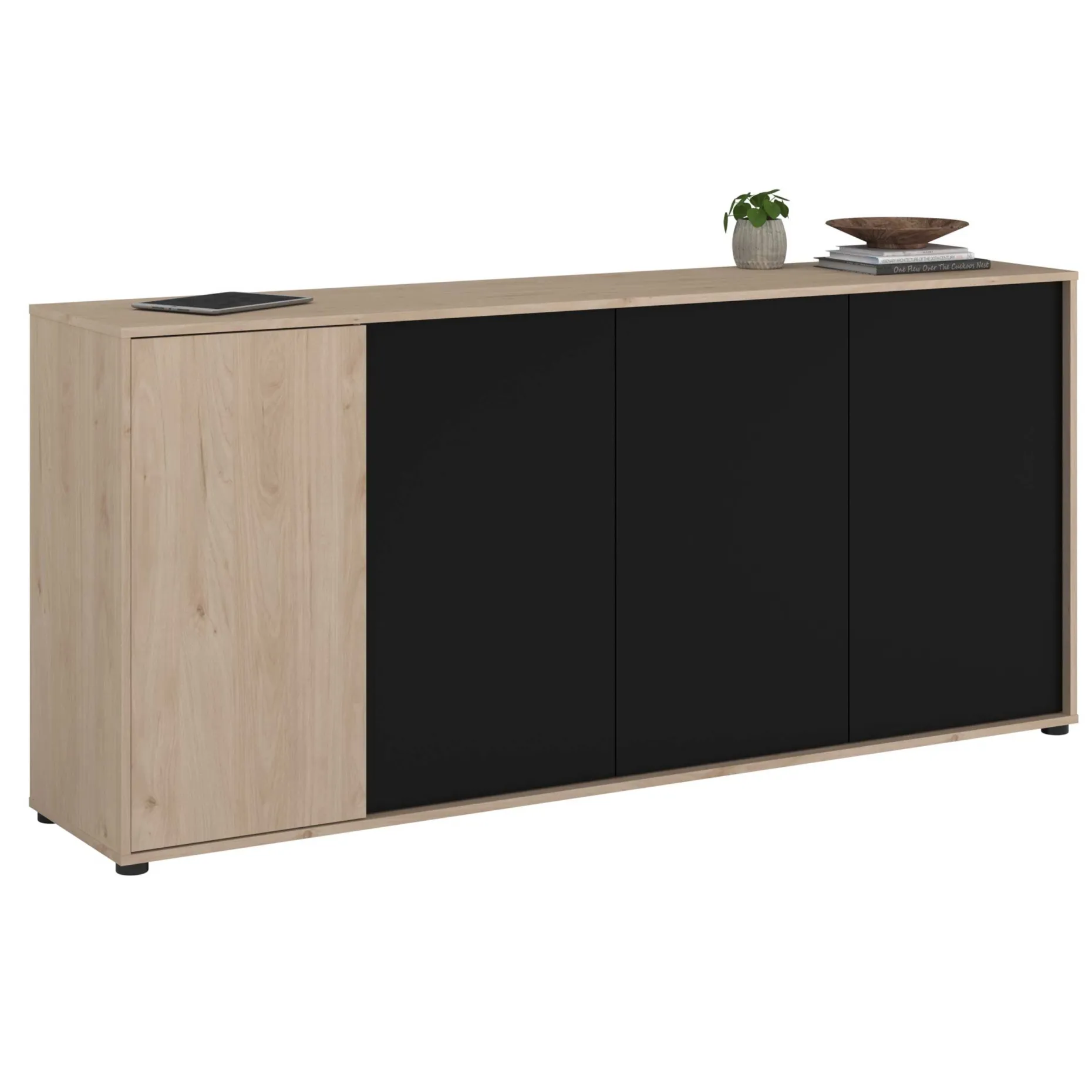 Sideboard Owen - 184x40x83cm - 4 Türen - Eiche Dekor/schwarz