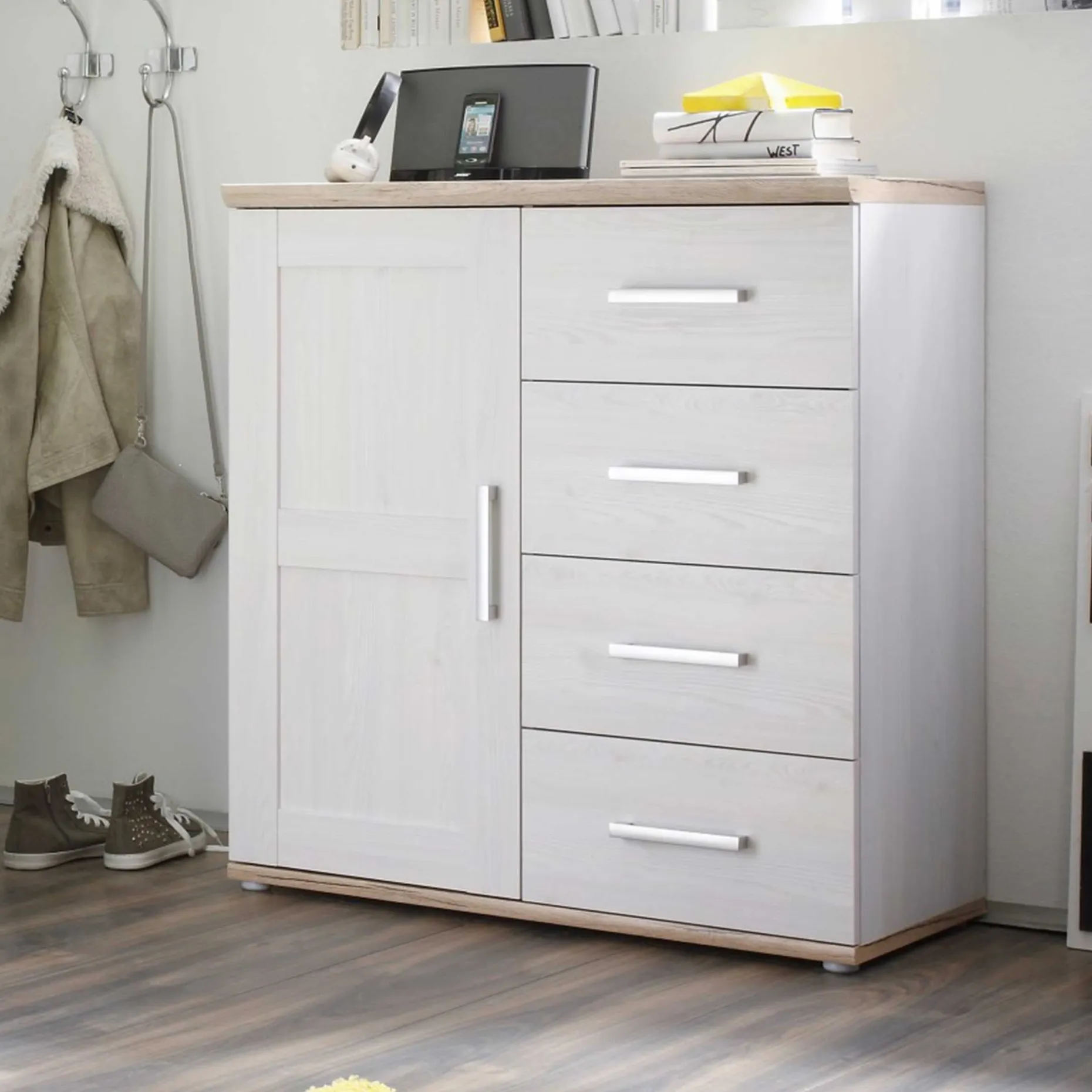 Sideboard Roman 93cm mit Tür und 4 Schubladen - weiß/braun