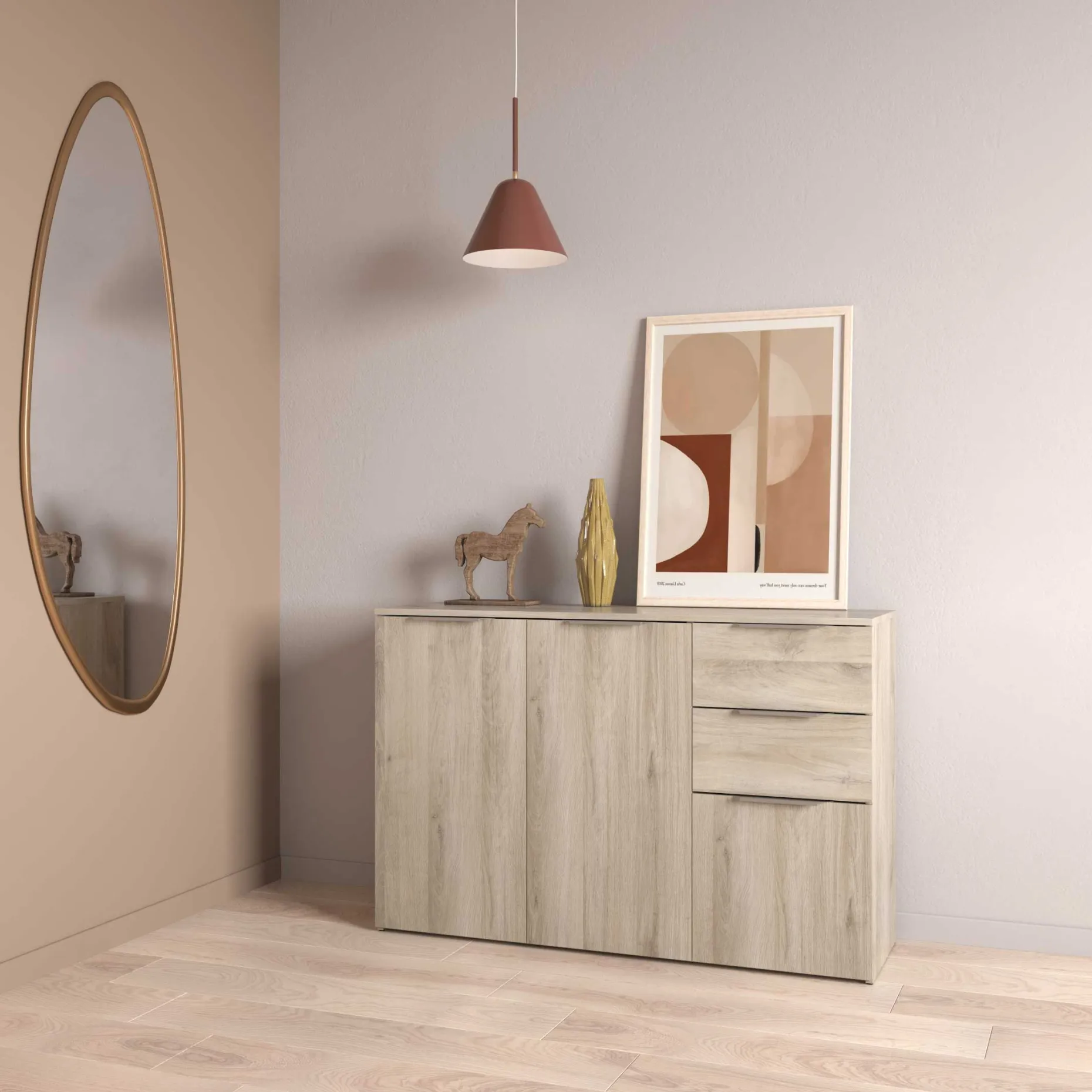 Sideboard Spectre - 119x37x78cm - 3 Türen und 2 Schubladen - Eichendekor