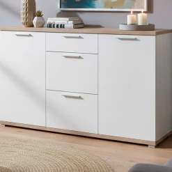 Sideboard Tosun 144 cm mit 2 Türen und 3 Schubladen - weiß/Eiche