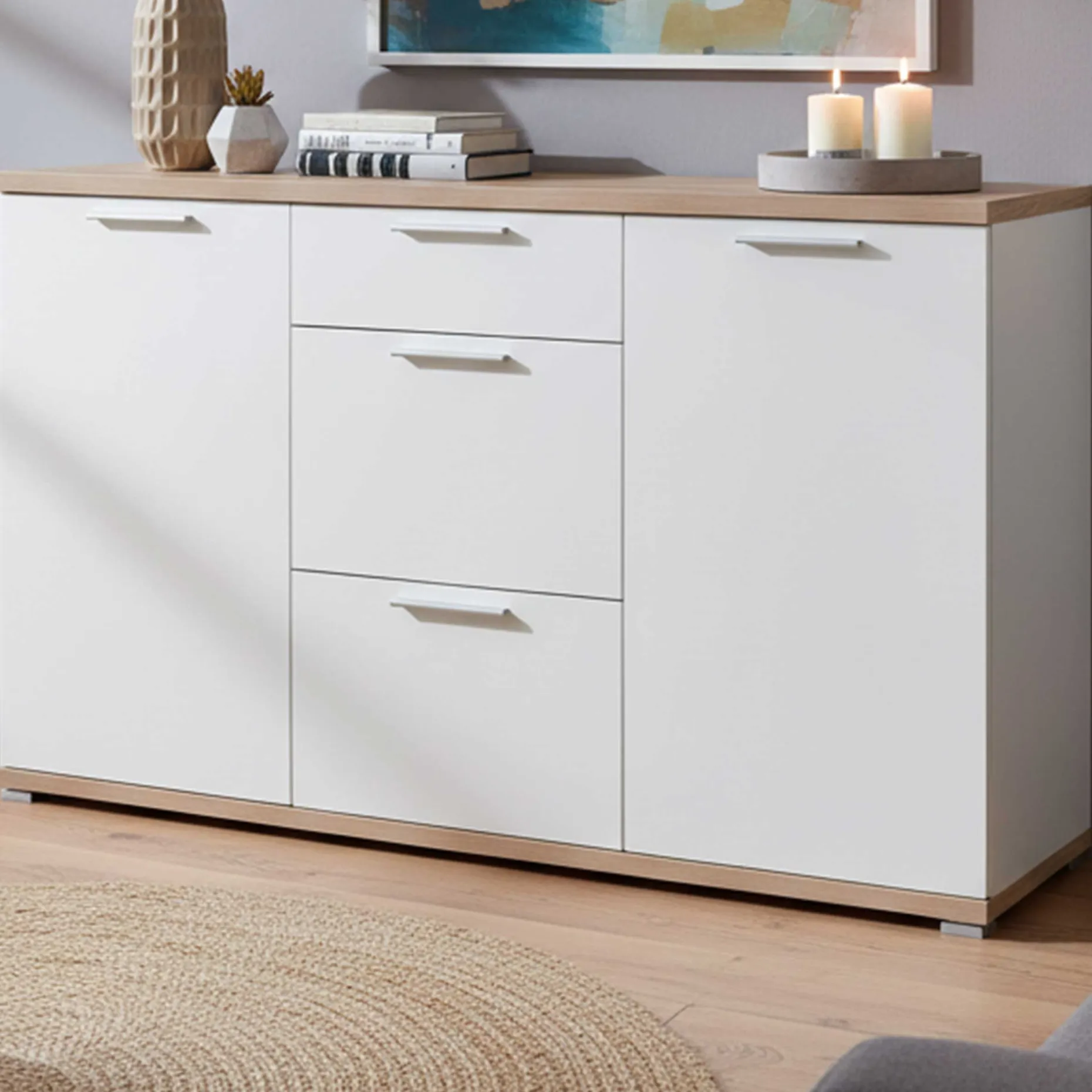 Sideboard Tosun 144 cm mit 2 Türen und 3 Schubladen - weiß/Eiche