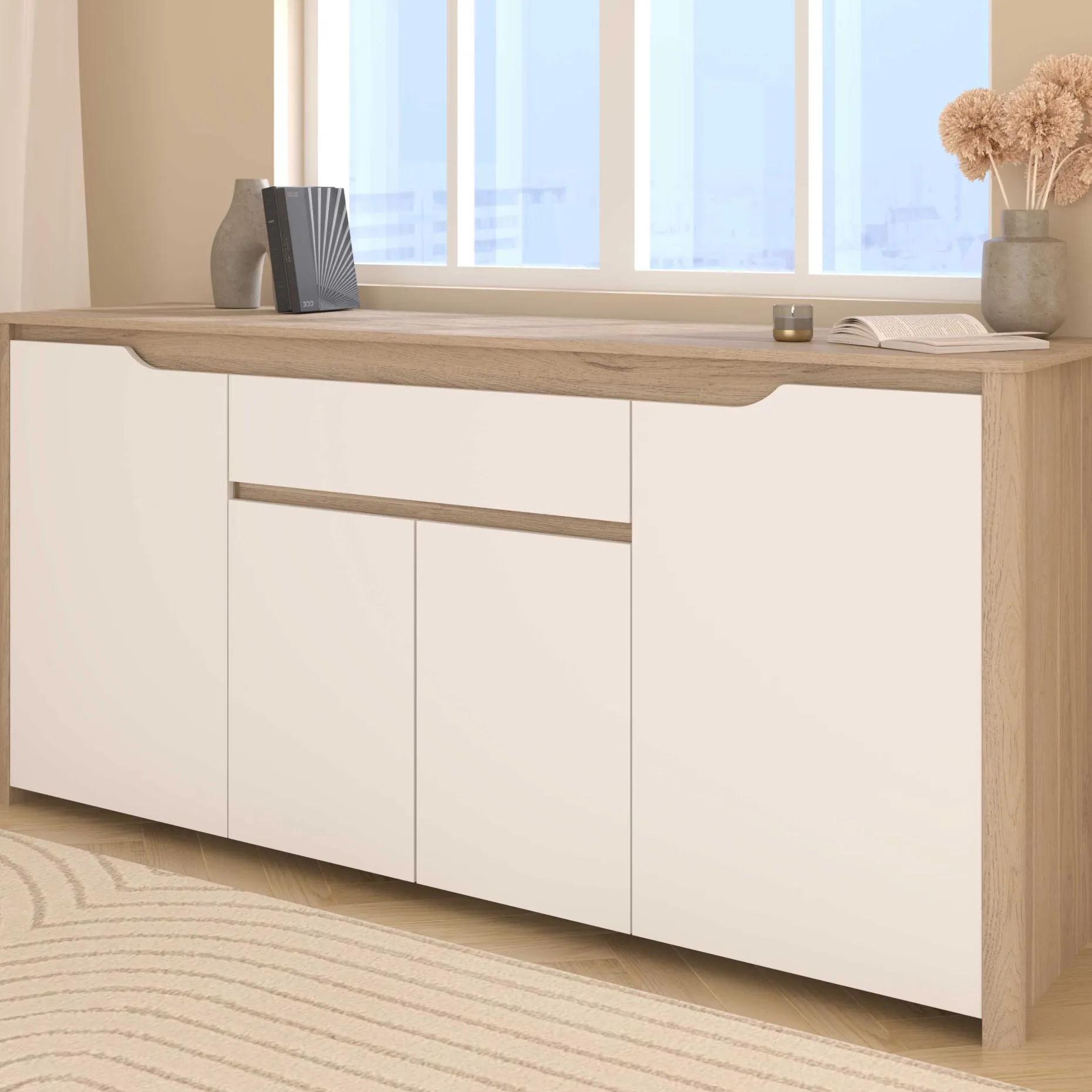 Sideboard Wendy - 184x46x86cm - 4 Türen und 1 Schublade - Eiche Dekor/Weiß