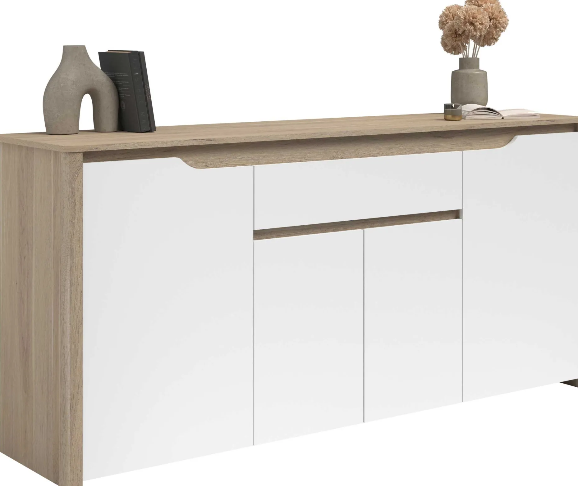 Sideboard Wendy - 184x46x86cm - 4 Türen und 1 Schublade - Eiche Dekor/Weiß