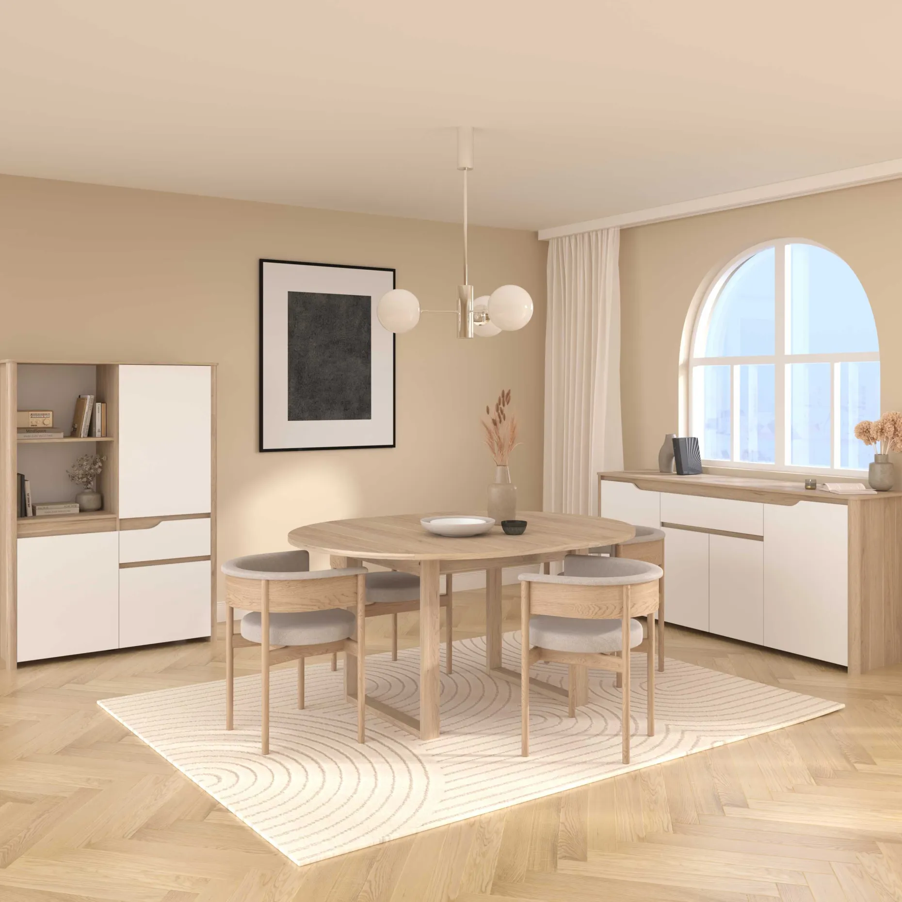 Sideboard Wendy - 184x46x86cm - 4 Türen und 1 Schublade - Eiche Dekor/Weiß