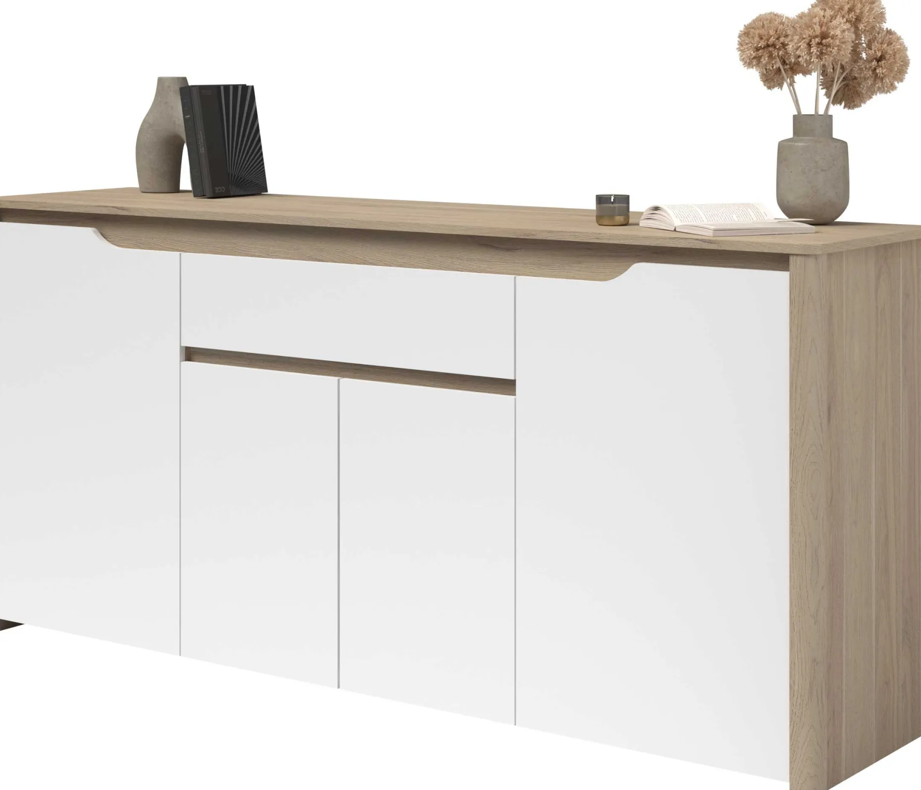 Sideboard Wendy - 184x46x86cm - 4 Türen und 1 Schublade - Eiche Dekor/Weiß