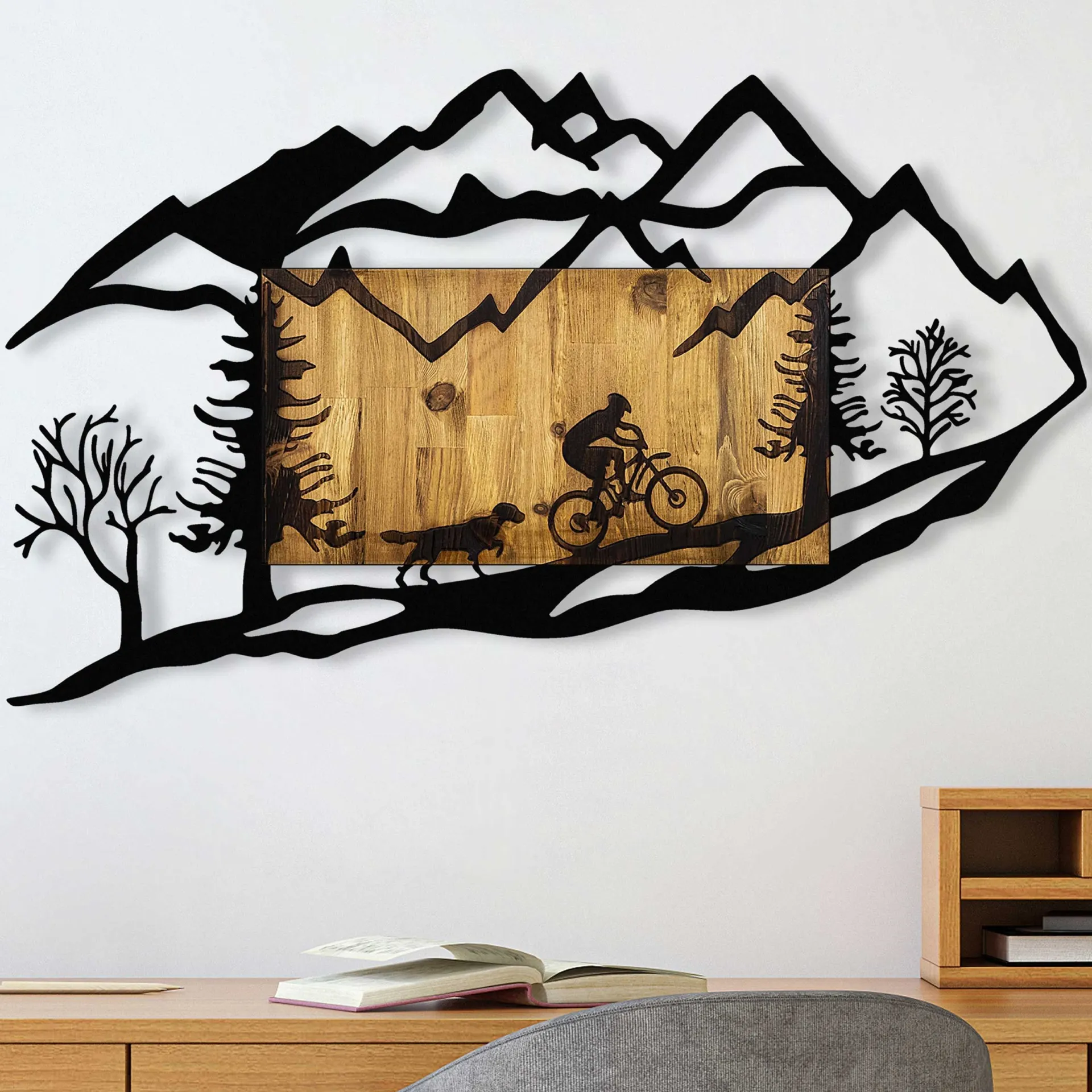 Emob Skyler Dekoratives Wandaccessoire aus Holz | Holz & Metall | 110 x 3 x 65 cm