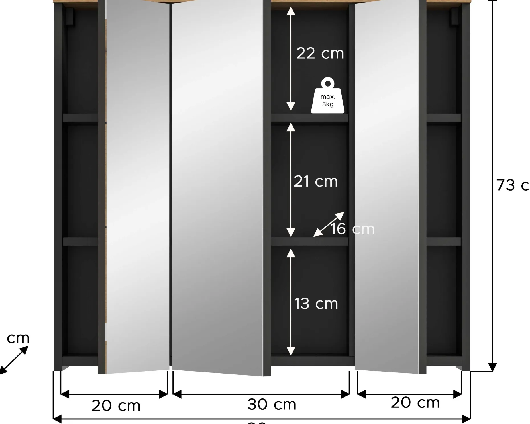 Spiegelschrank Canu Xonox - basaltgrau mit Holz-Detail - 80x73x21 cm