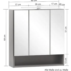 Spiegelschrank Karan 60cm 3 Türen mit Beleuchtung - Eiche