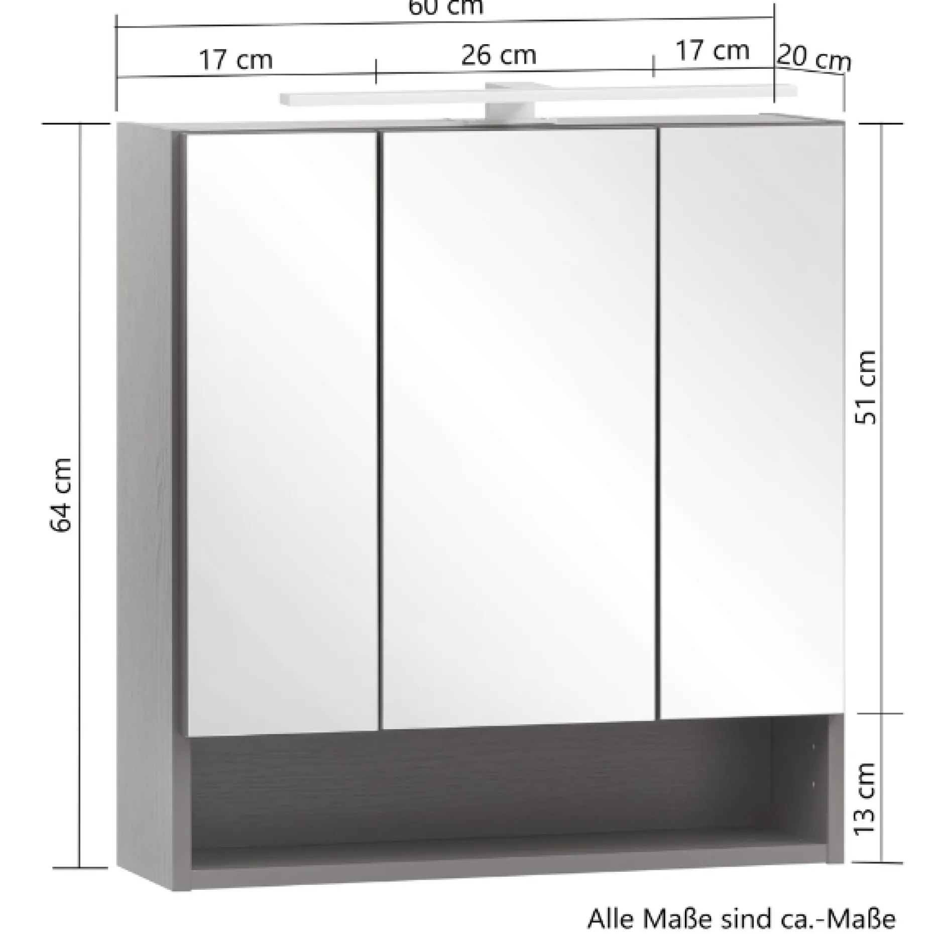 Spiegelschrank Karan 60cm 3 Türen mit Beleuchtung - Eiche