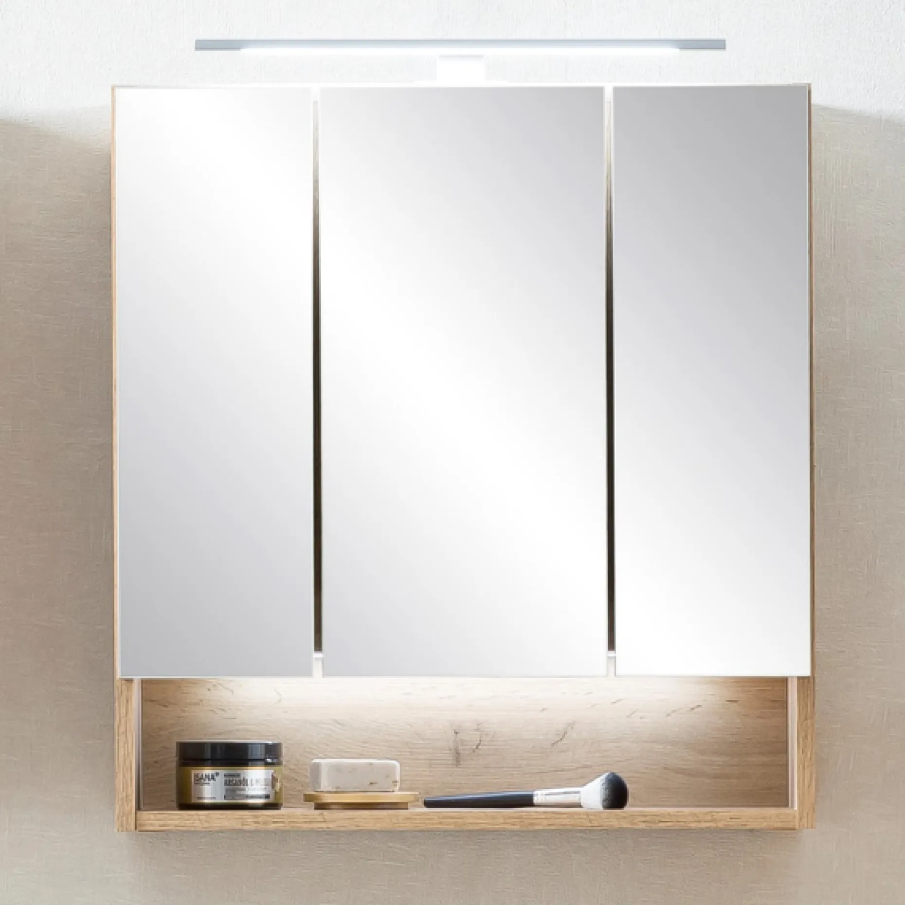 Spiegelschrank Karan 60cm 3 Türen mit Beleuchtung - Eiche