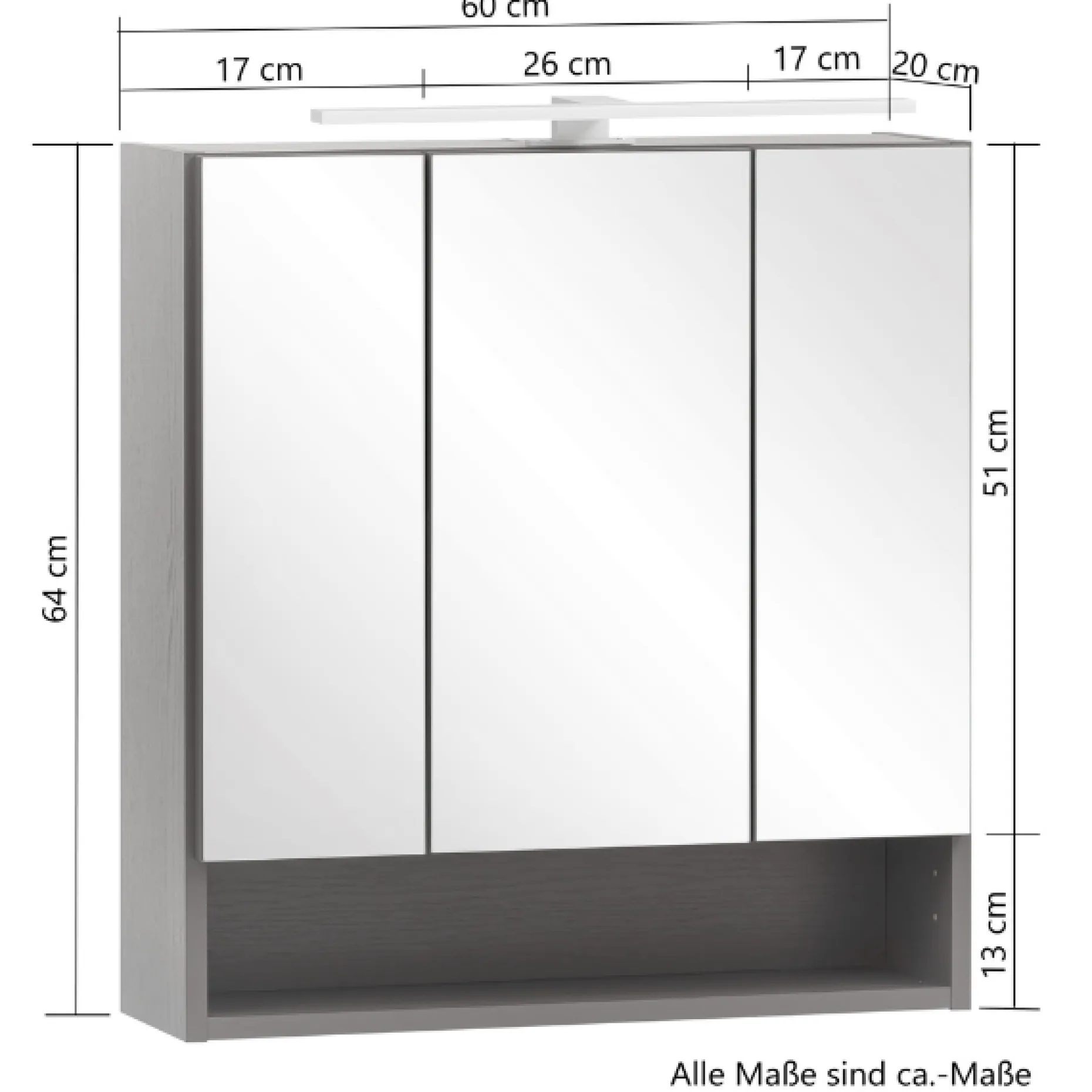 Spiegelschrank Karan 60cm 3 Türen mit Beleuchtung - anthrazit