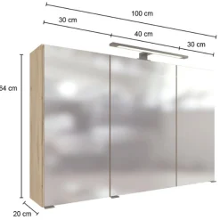 Spiegelschrank Malvo 100cm 3 Türen mit Beleuchtung - Eiche