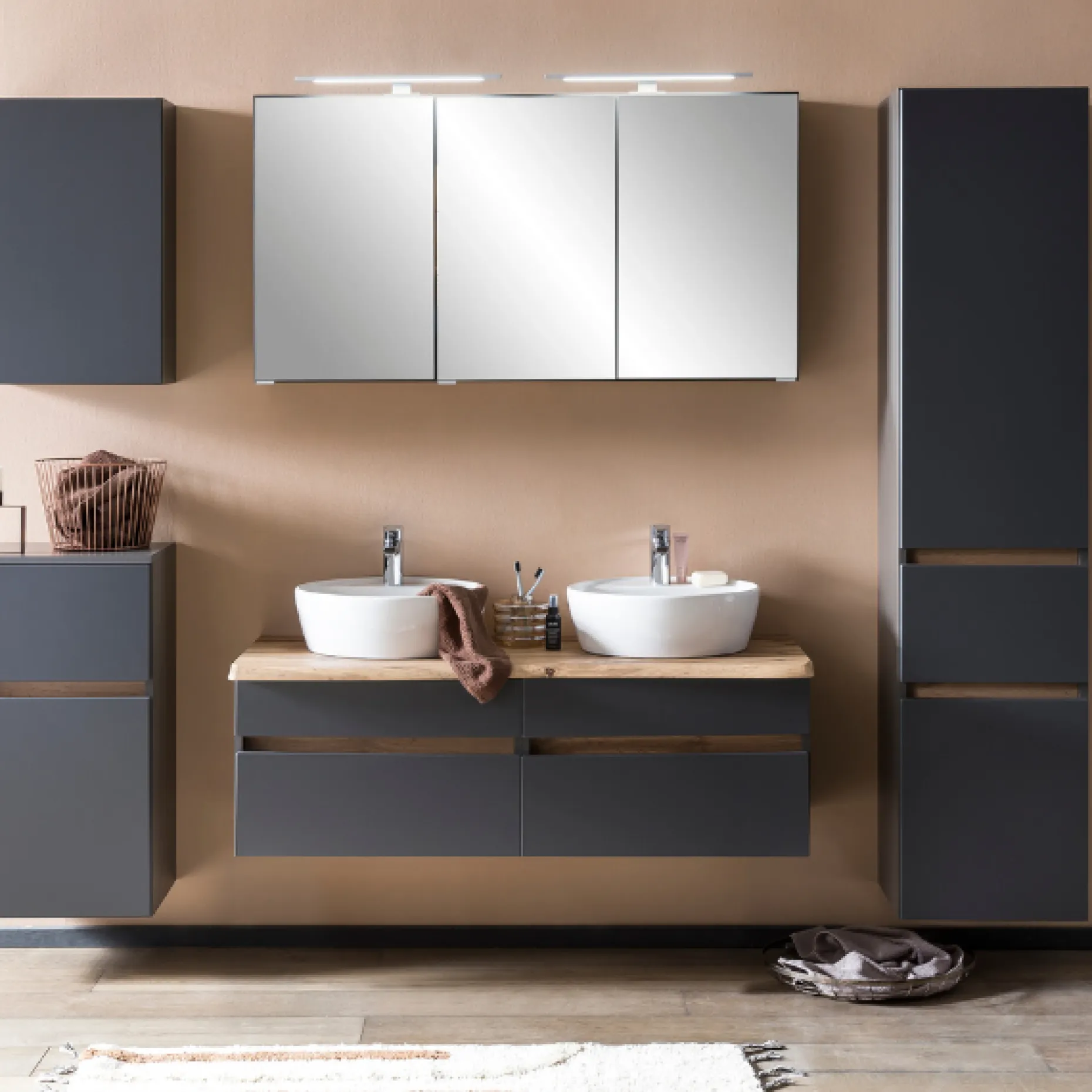 Spiegelschrank Vikas 120cm 3 Türen mit Beleuchtung - Eiche