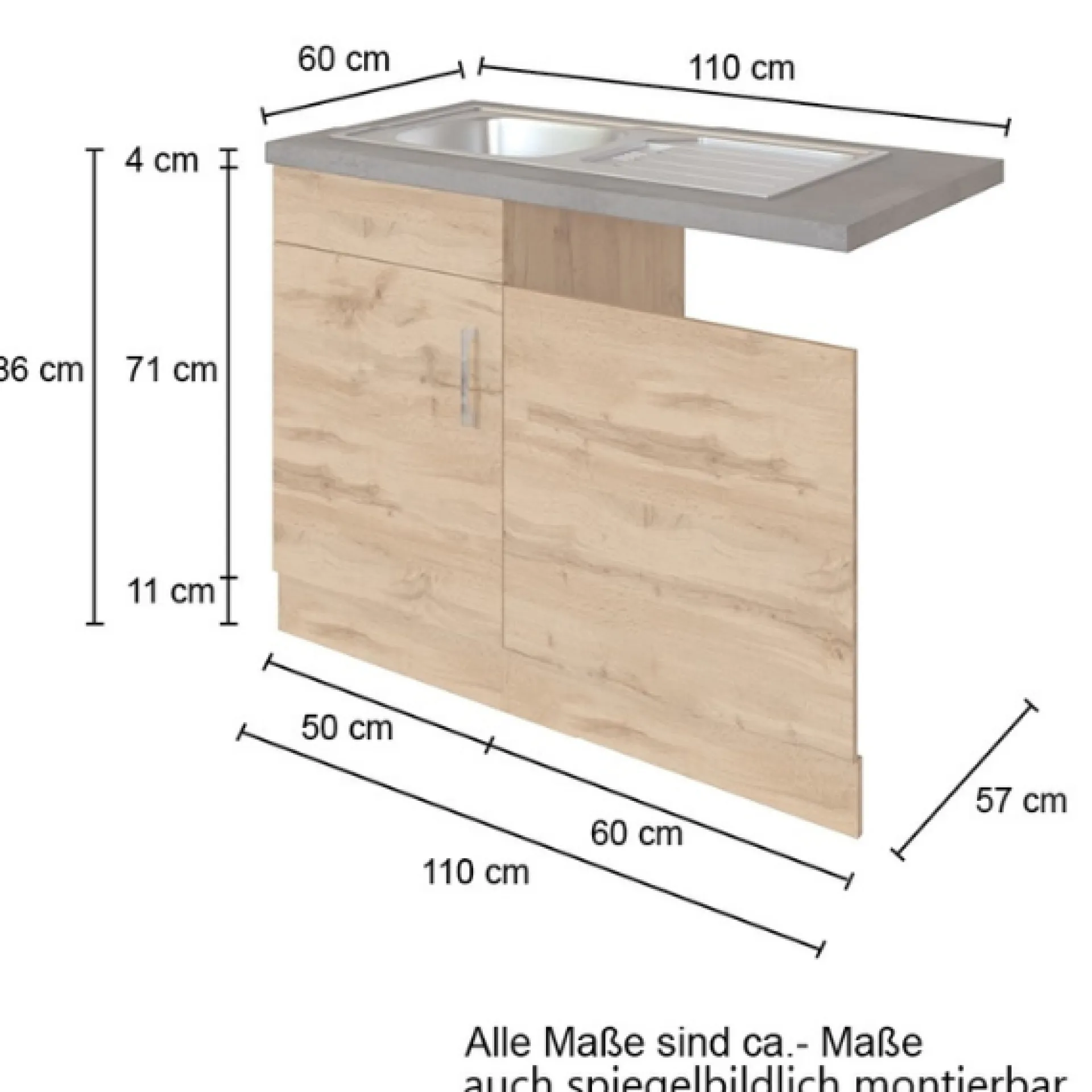 Held Spüle Sorrella 110cm für Geschirrspüler 1 Tür - Eiche/Graphit